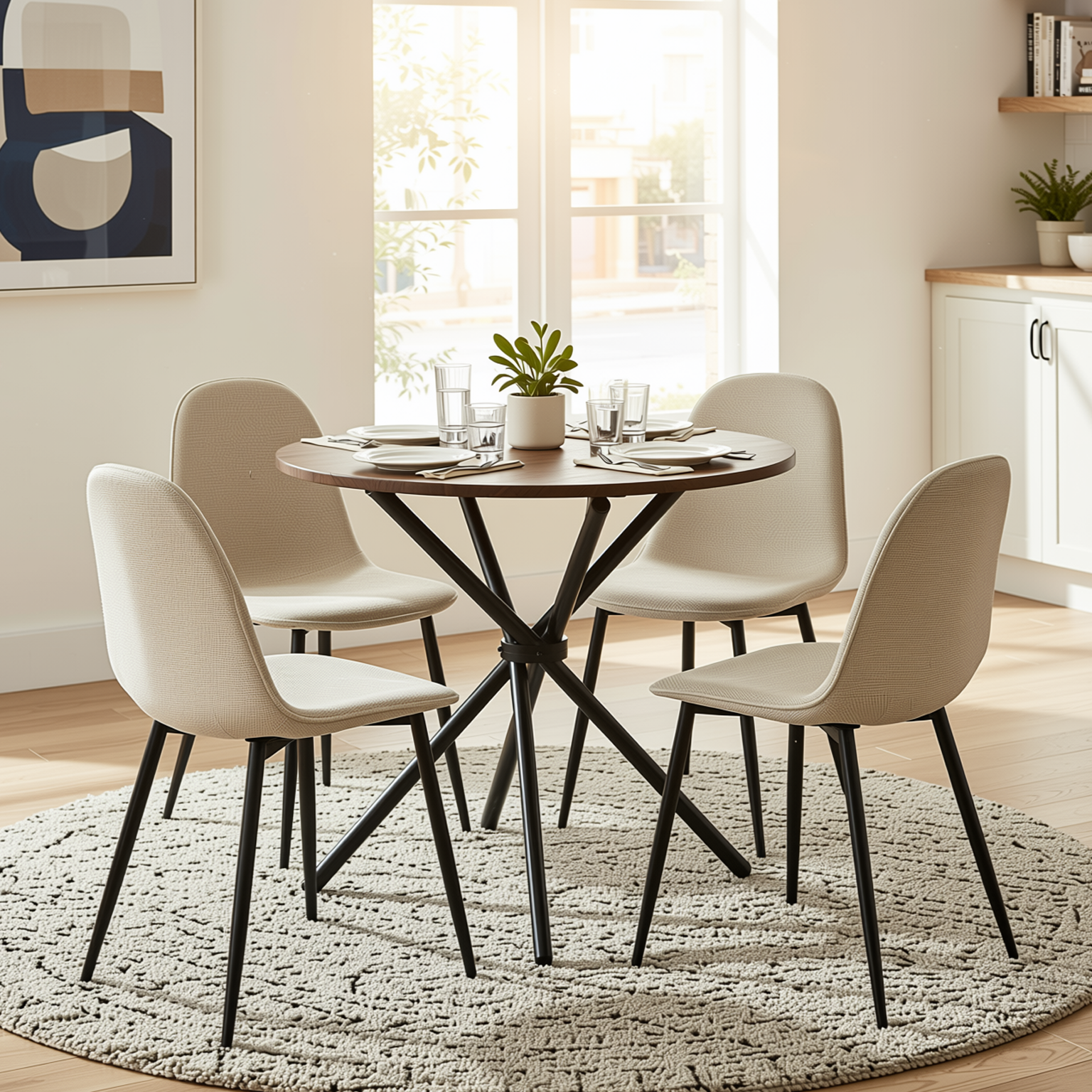 Homy Casa FONTANA+CHARLTON 5PC Dining Set 31.5” Round Dark Walnut Table with 4 Charlton Barrel Beige Fabric Chairs