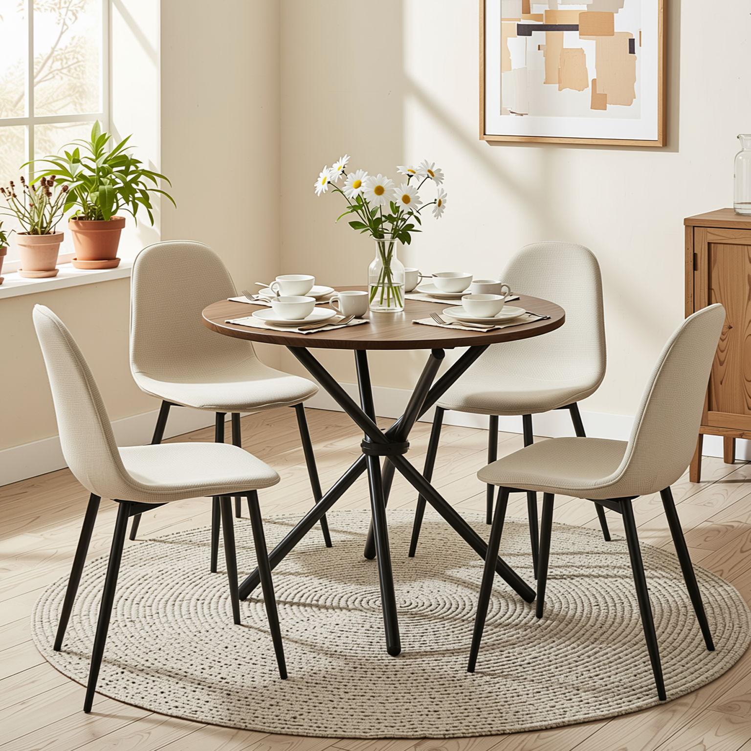 Homy Casa FONTANA+CHARLTON 5PC Dining Set 31.5” Round Dark Walnut Table with 4 Charlton Barrel Beige Fabric Chairs