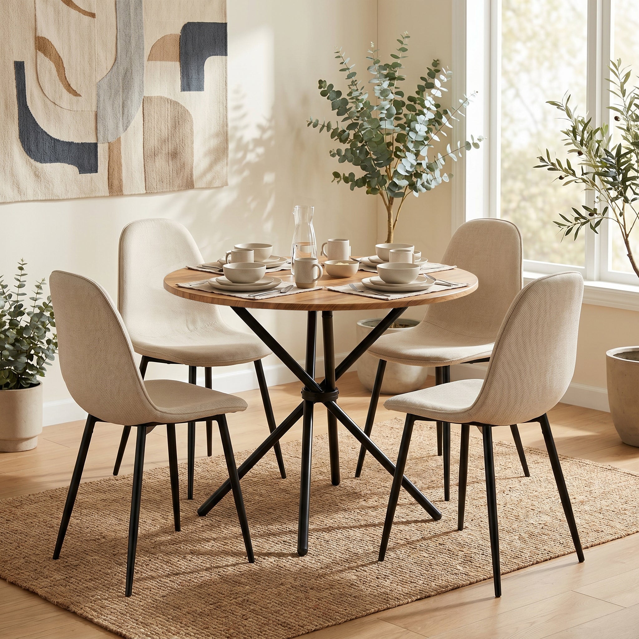 Homy Casa FONTANA+CHARLTON 5PC Dining Set 31.5” Round Dark Walnut Table with 4 Charlton Barrel Beige Fabric Chairs