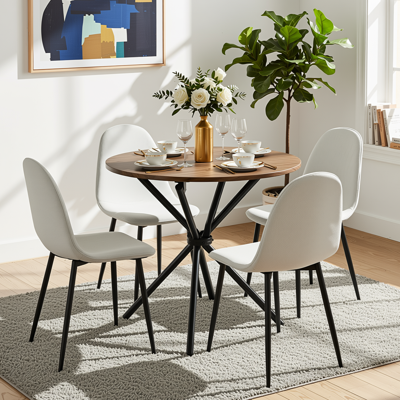 Homy Casa FONTANA+CHARLTON 5PC Dining Set 31.5” Round Dark Walnut Table with 4 Charlton Khaki Fabric Chairs