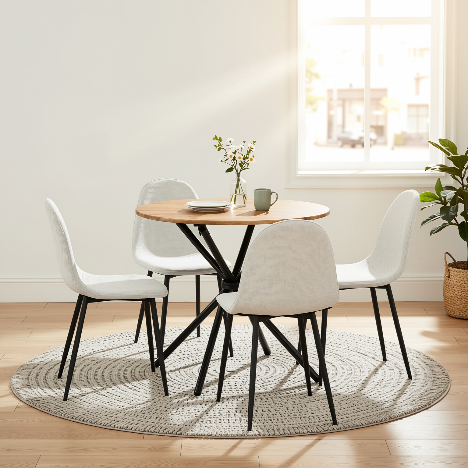 Homy Casa FONTANA+CHARLTON 5PC Dining Set 31.5” Round Dark Walnut Table with 4 Charlton Khaki Fabric Chairs