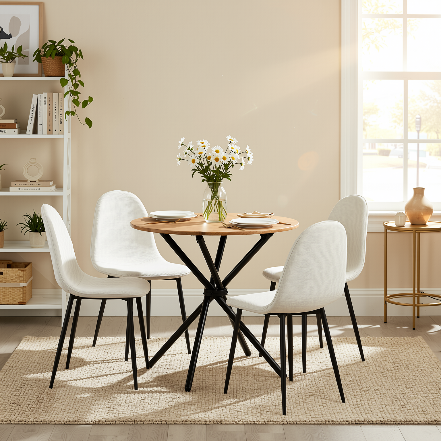 Homy Casa FONTANA+CHARLTON 5PC Dining Set 31.5” Round Dark Walnut Table with 4 Charlton Khaki Fabric Chairs