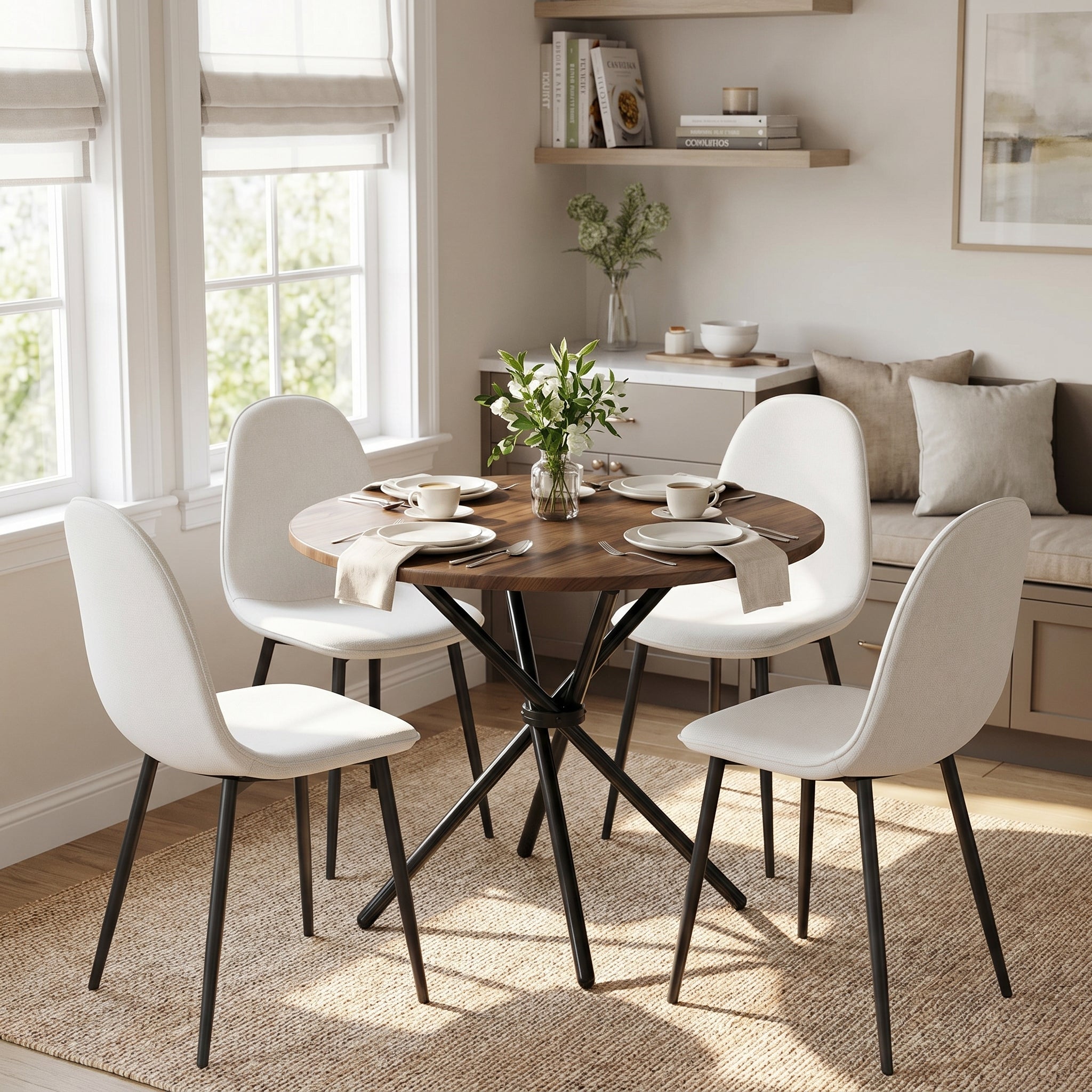 Homy Casa FONTANA+CHARLTON 5PC Dining Set 31.5” Round Dark Walnut Table with 4 Charlton Khaki Fabric Chairs