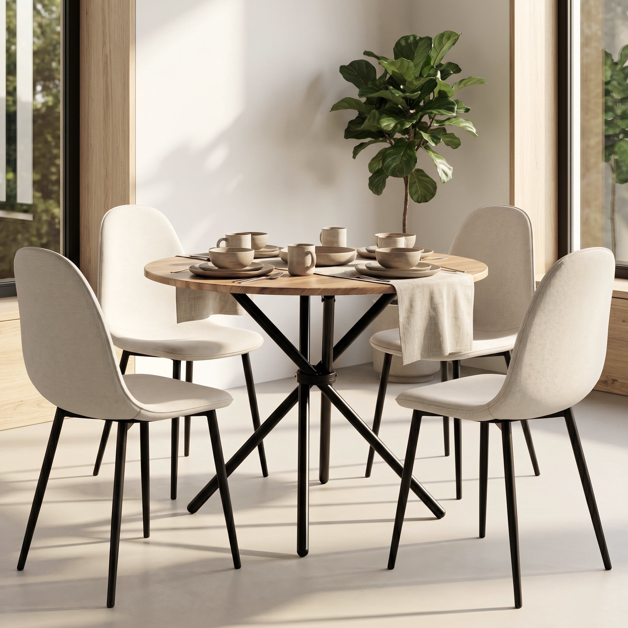 Homy Casa FONTANA+CHARLTON 5PC Dining Set 31.5” Round Dark Walnut Table with 4 Charlton Khaki Fabric Chairs