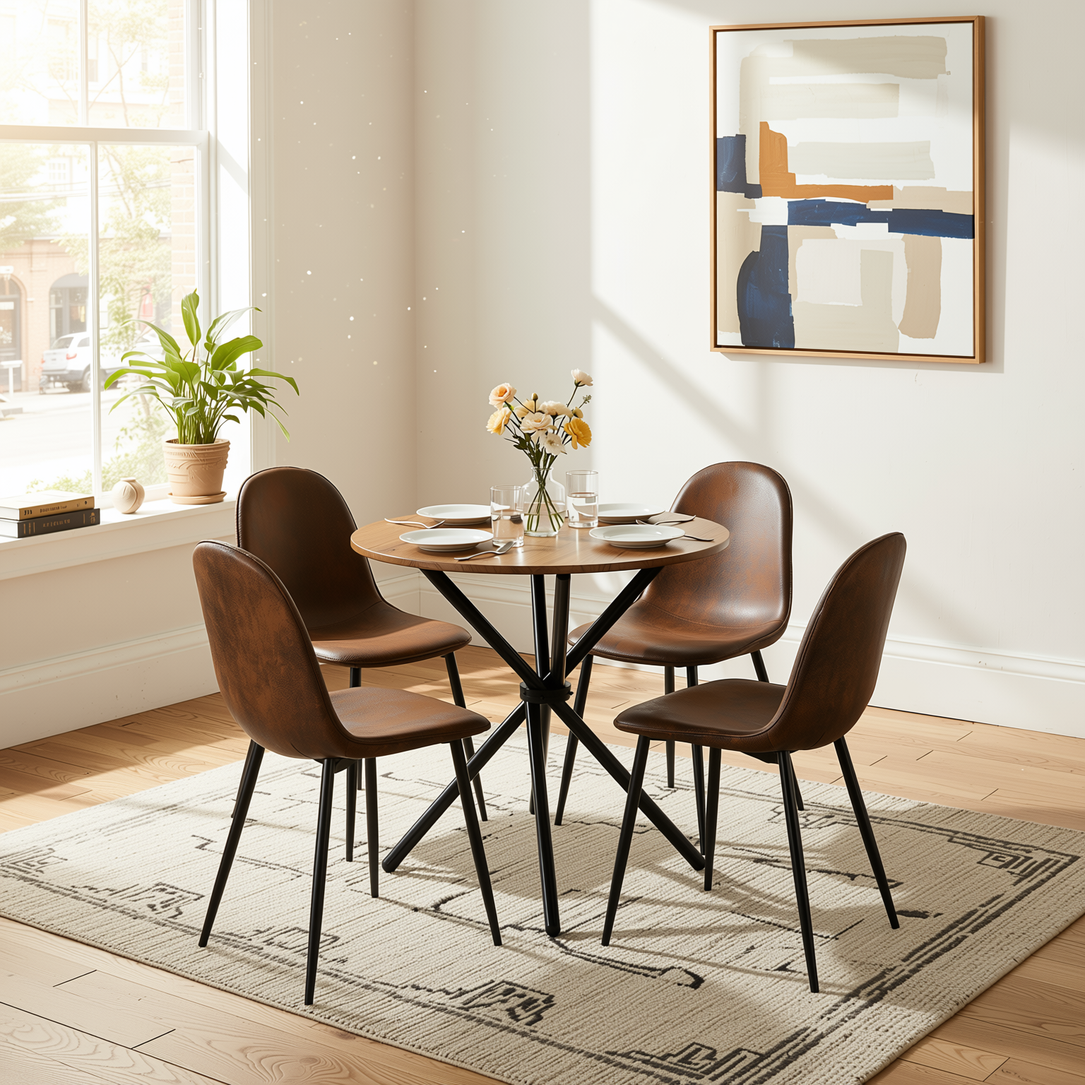 Homy CasaFONTANA+CHARLTON 5PC Dining Set 31.5” Round Dark Walnut Table with 4 Charlton Suede Brown Chairs