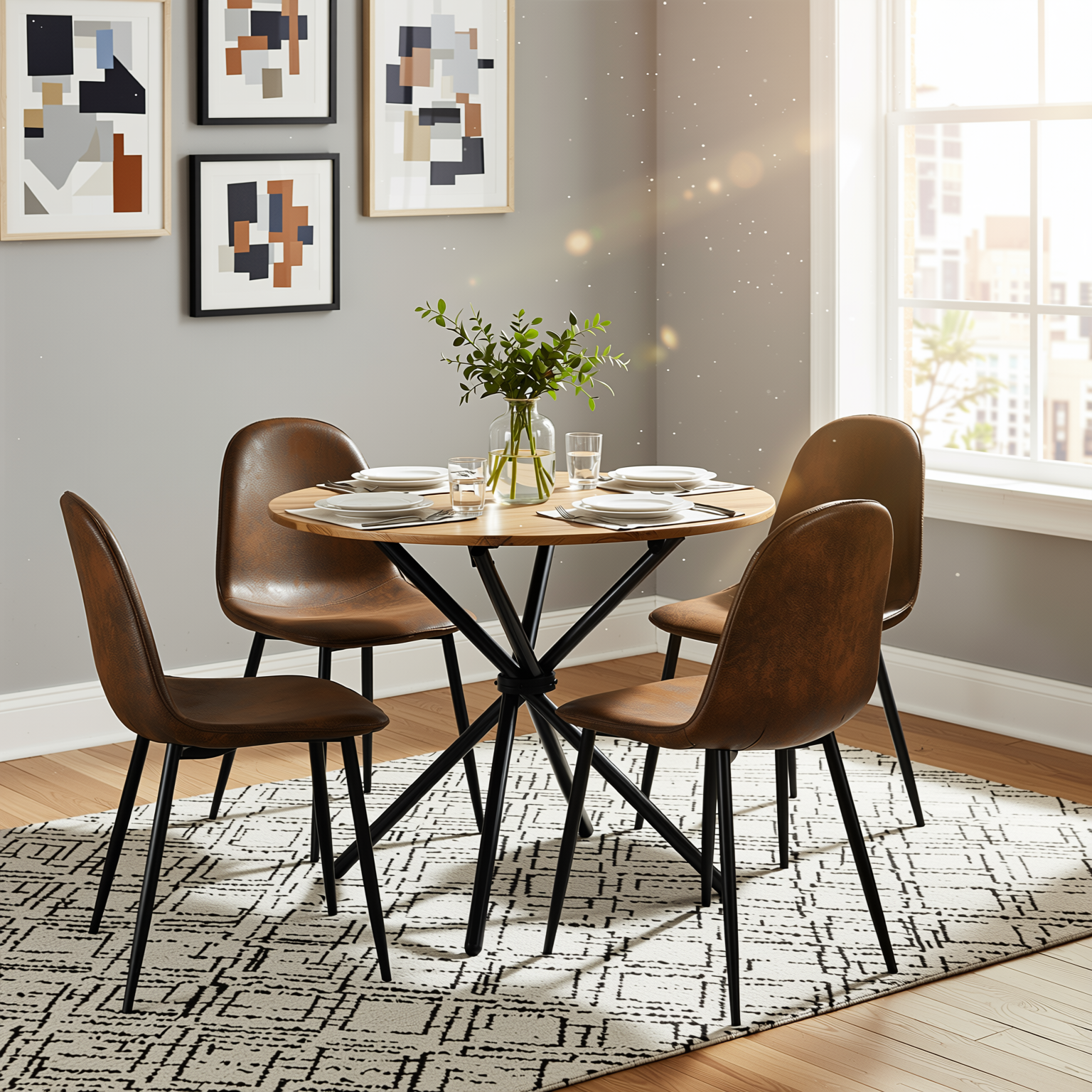Homy CasaFONTANA+CHARLTON 5PC Dining Set 31.5” Round Dark Walnut Table with 4 Charlton Suede Brown Chairs