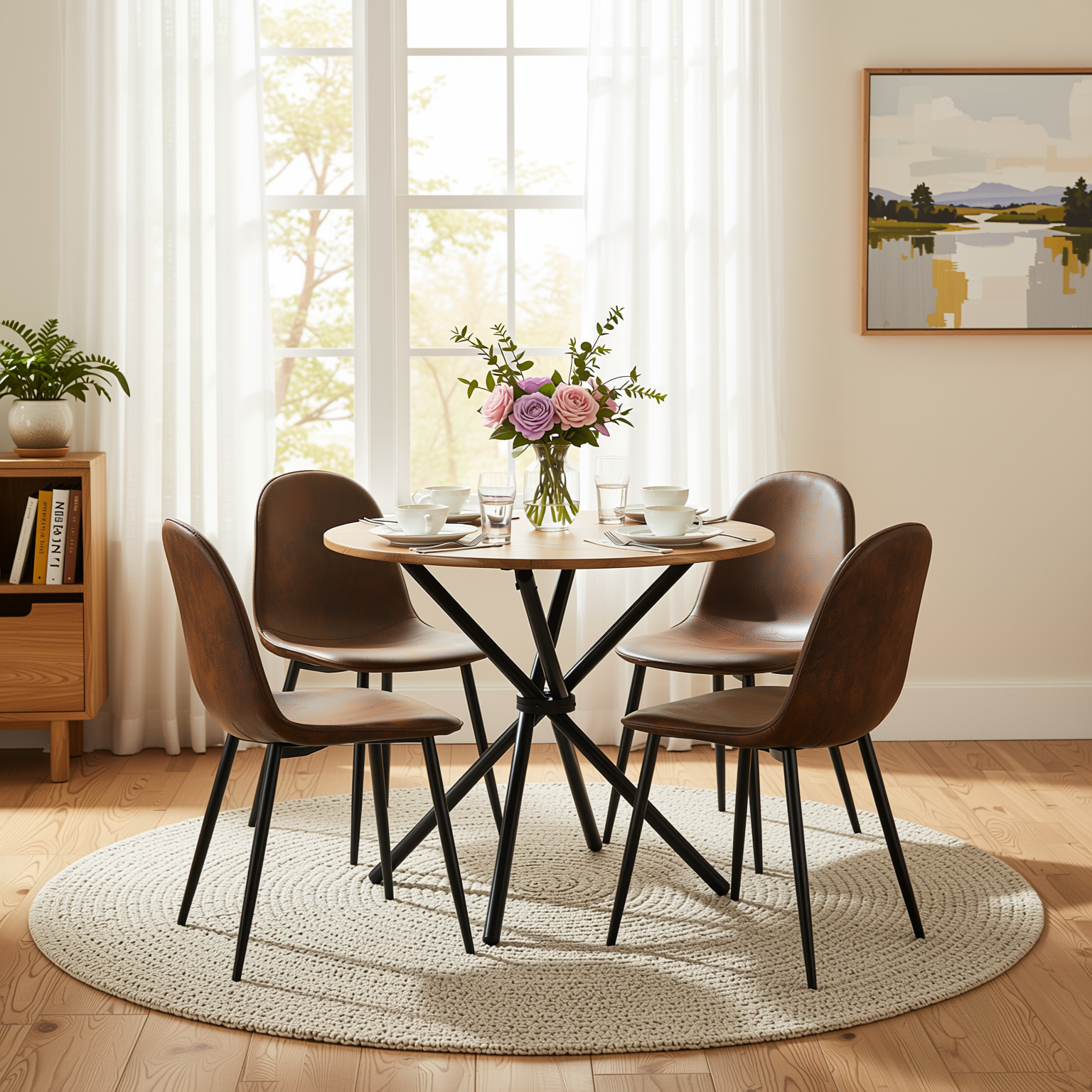 Homy CasaFONTANA+CHARLTON 5PC Dining Set 31.5” Round Dark Walnut Table with 4 Charlton Suede Brown Chairs