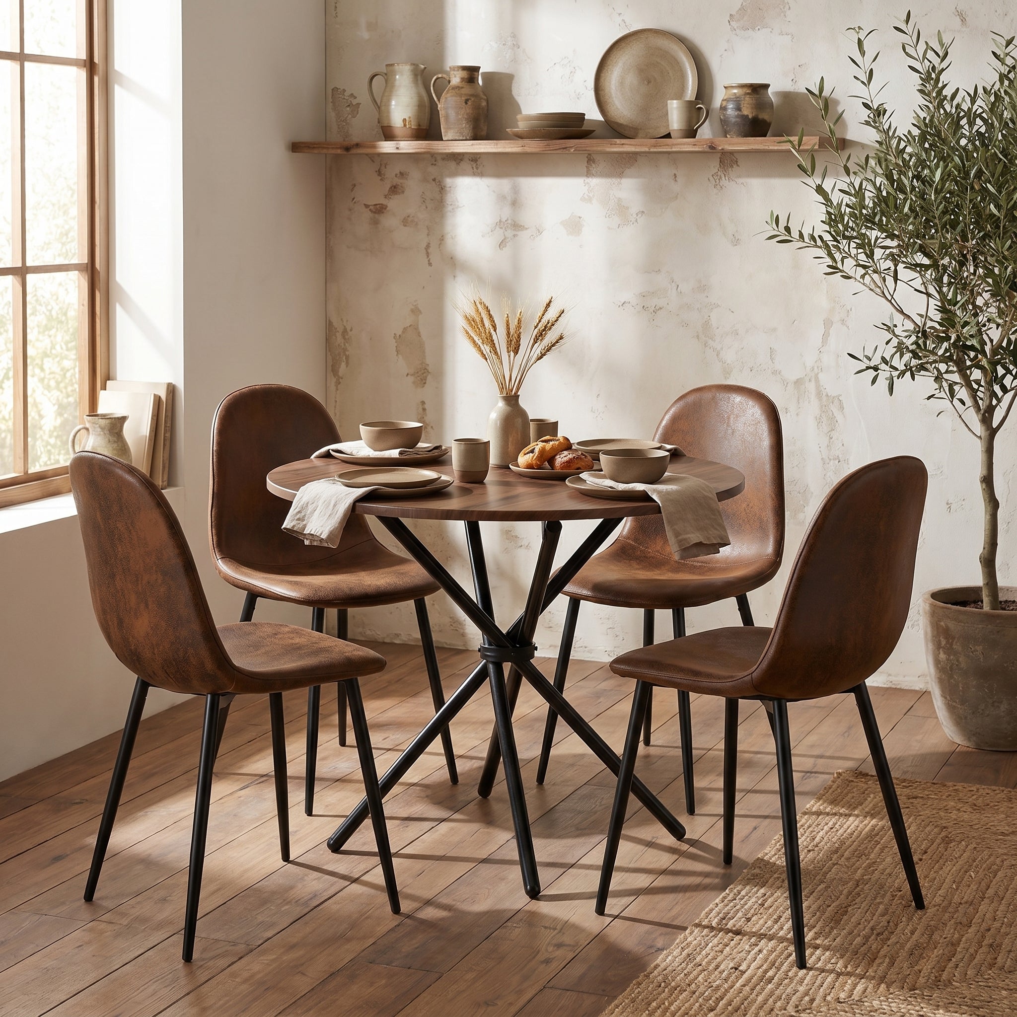 Homy CasaFONTANA+CHARLTON 5PC Dining Set 31.5” Round Dark Walnut Table with 4 Charlton Suede Brown Chairs