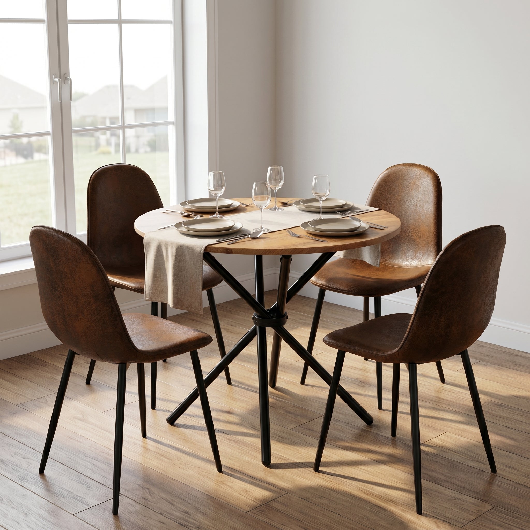 Homy CasaFONTANA+CHARLTON 5PC Dining Set 31.5” Round Dark Walnut Table with 4 Charlton Suede Brown Chairs