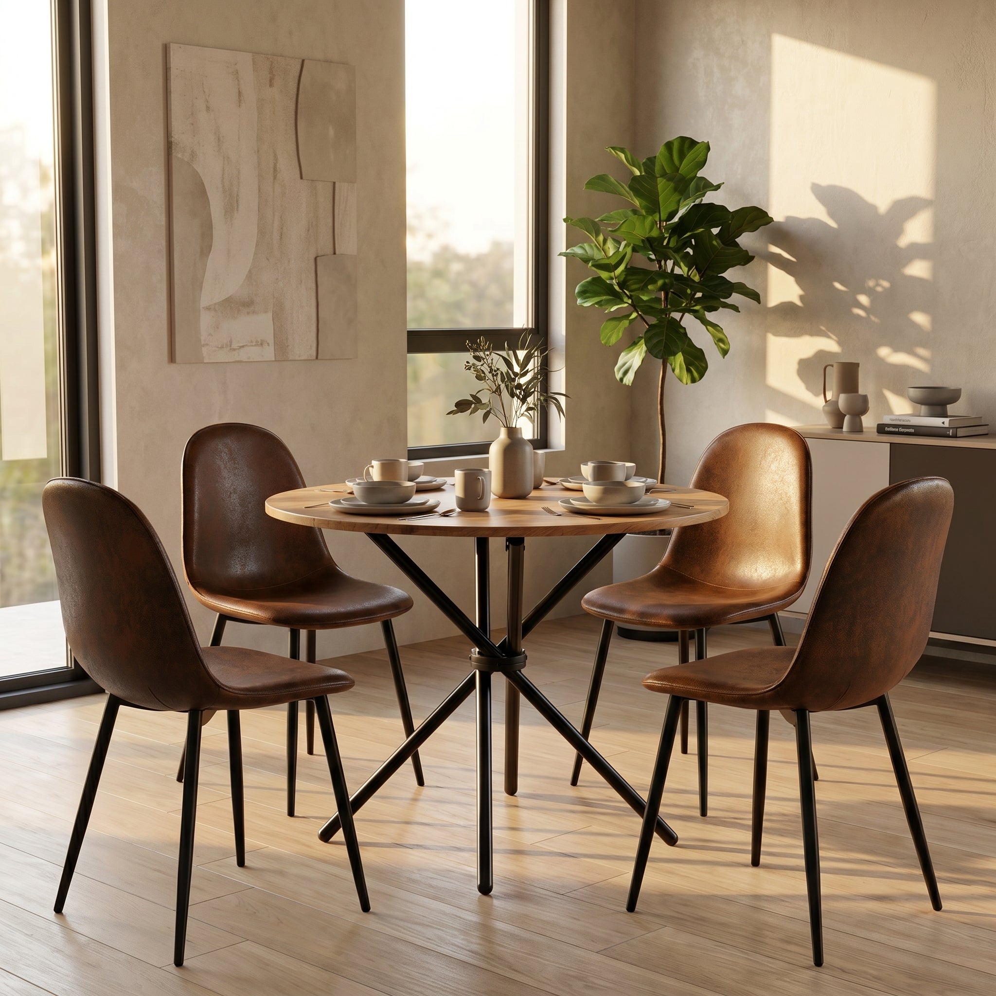 Homy CasaFONTANA+CHARLTON 5PC Dining Set 31.5” Round Dark Walnut Table with 4 Charlton Suede Brown Chairs