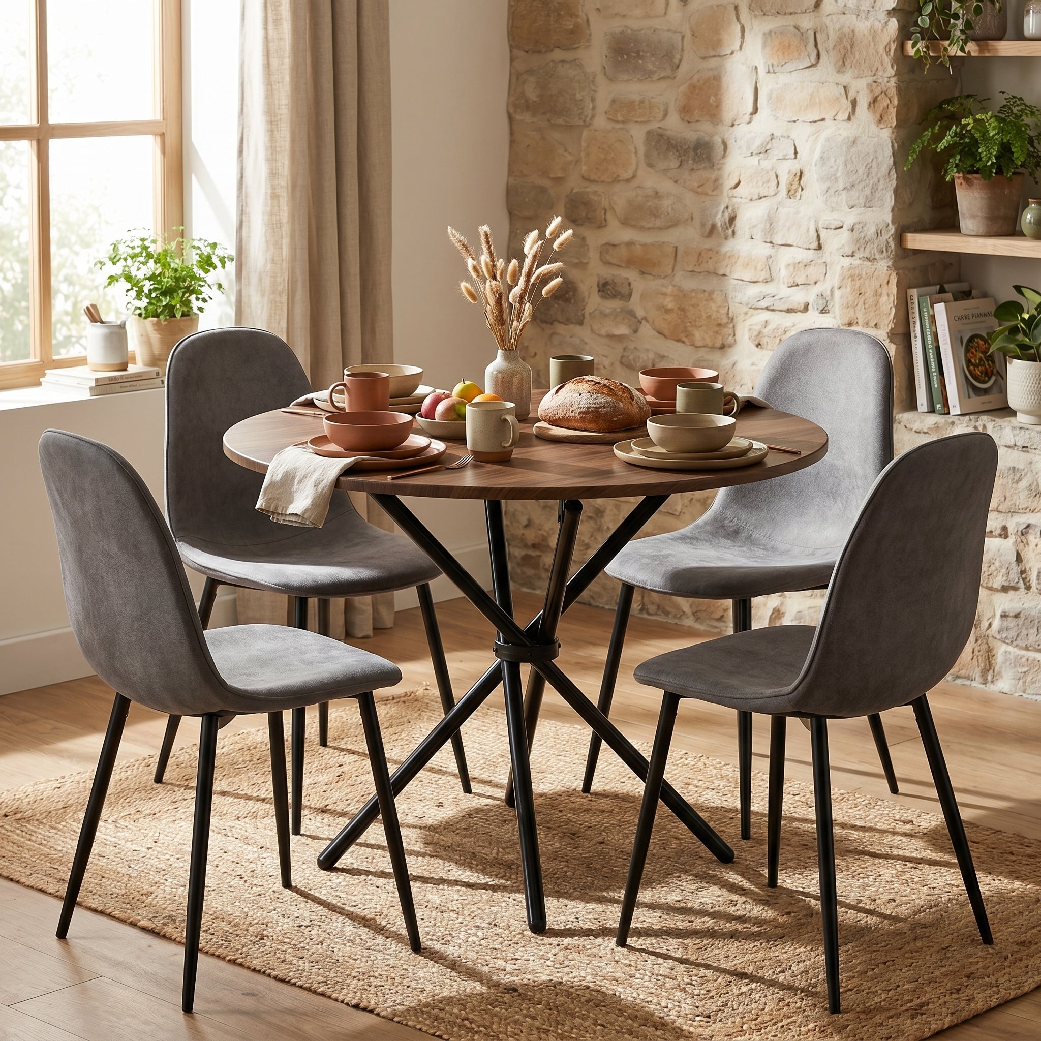 Homy Casa FONTANA+CHARLTON 5PC Dining Set 31.5” Round Dark Walnut Table with 4 Charlton Grey Terry Fabric Chairs