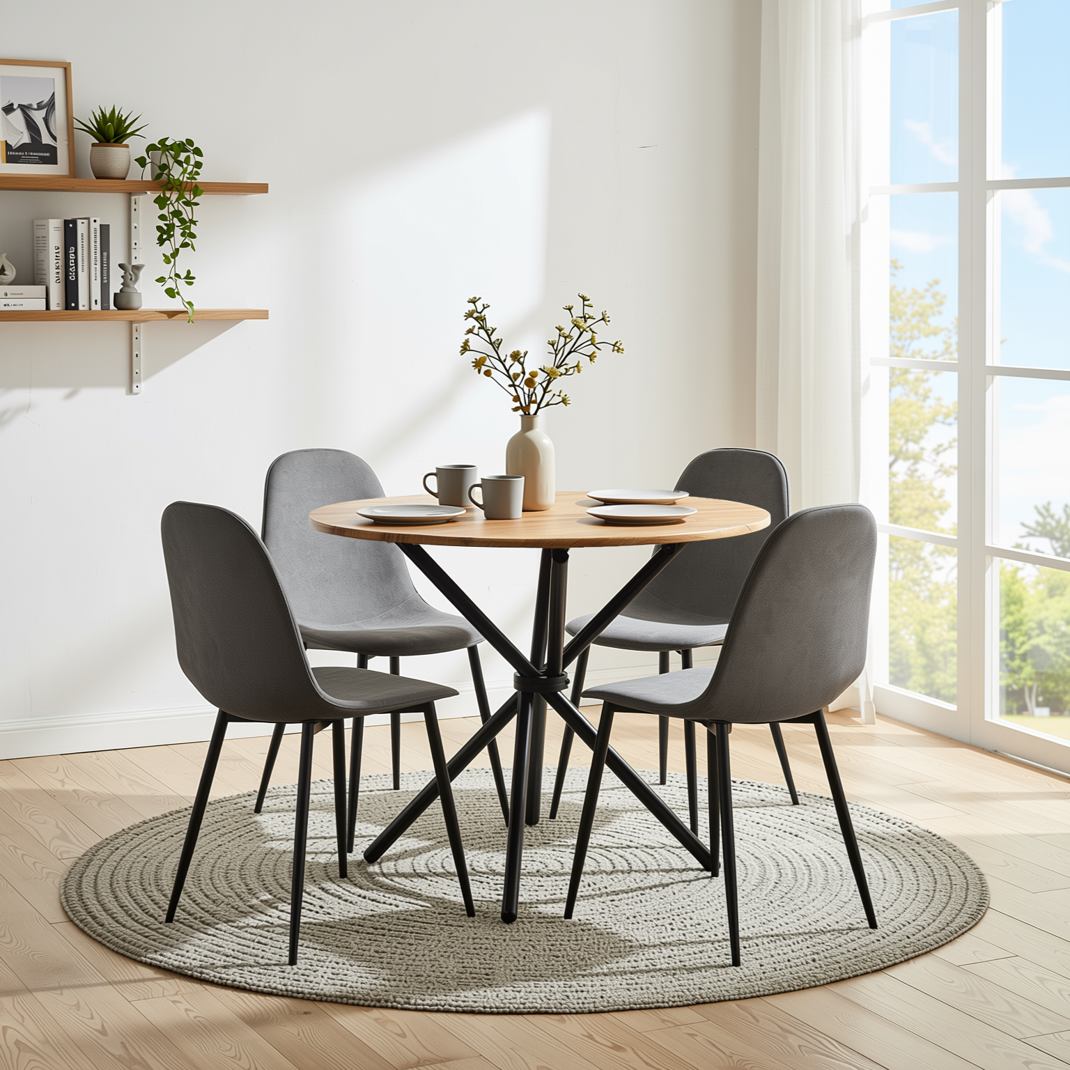 Homy Casa FONTANA+CHARLTON 5PC Dining Set 31.5” Round Dark Walnut Table with 4 Charlton Grey Terry Fabric Chairs