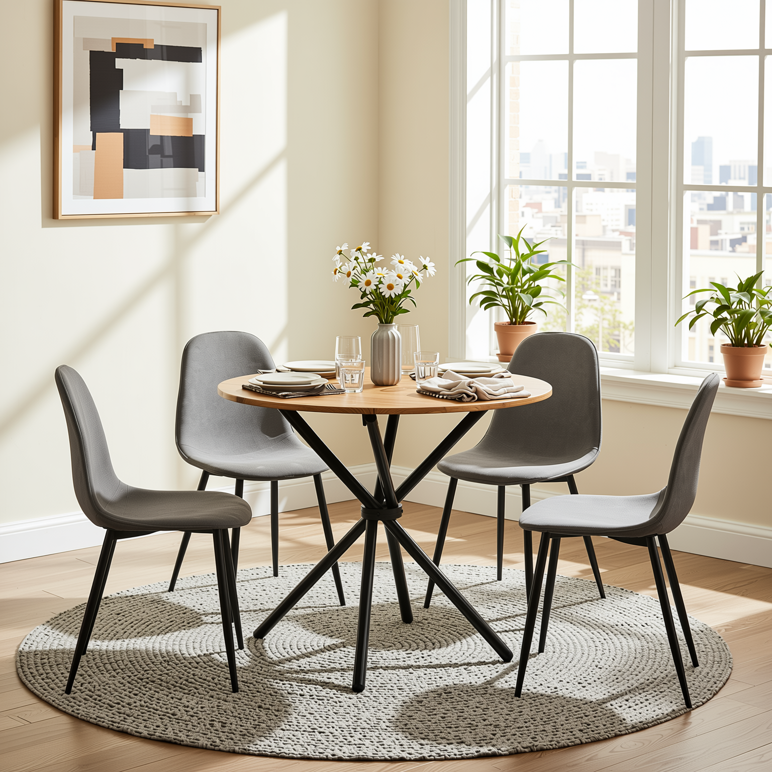 Homy Casa FONTANA+CHARLTON 5PC Dining Set 31.5” Round Dark Walnut Table with 4 Charlton Grey Terry Fabric Chairs