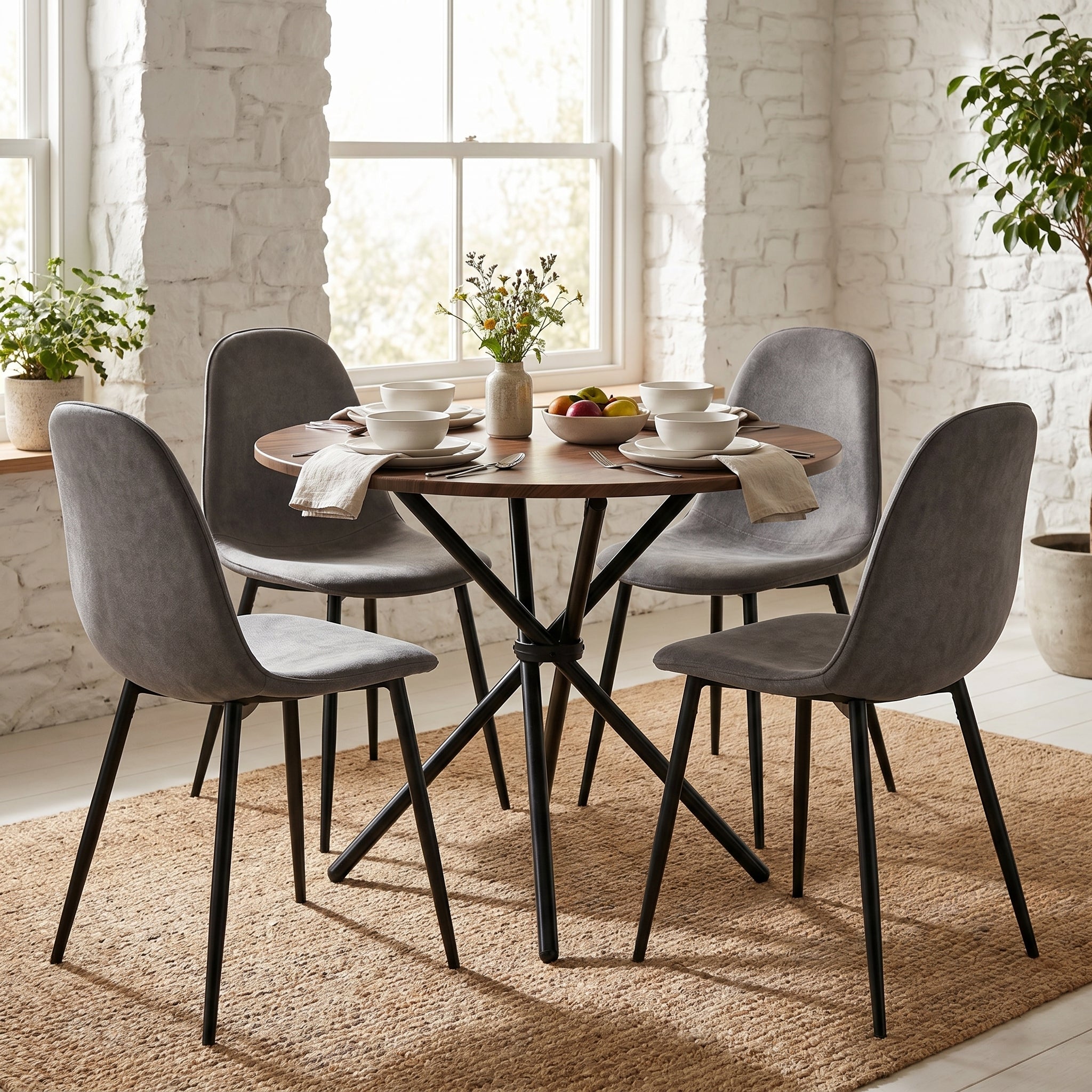 Homy Casa FONTANA+CHARLTON 5PC Dining Set 31.5” Round Dark Walnut Table with 4 Charlton Grey Terry Fabric Chairs