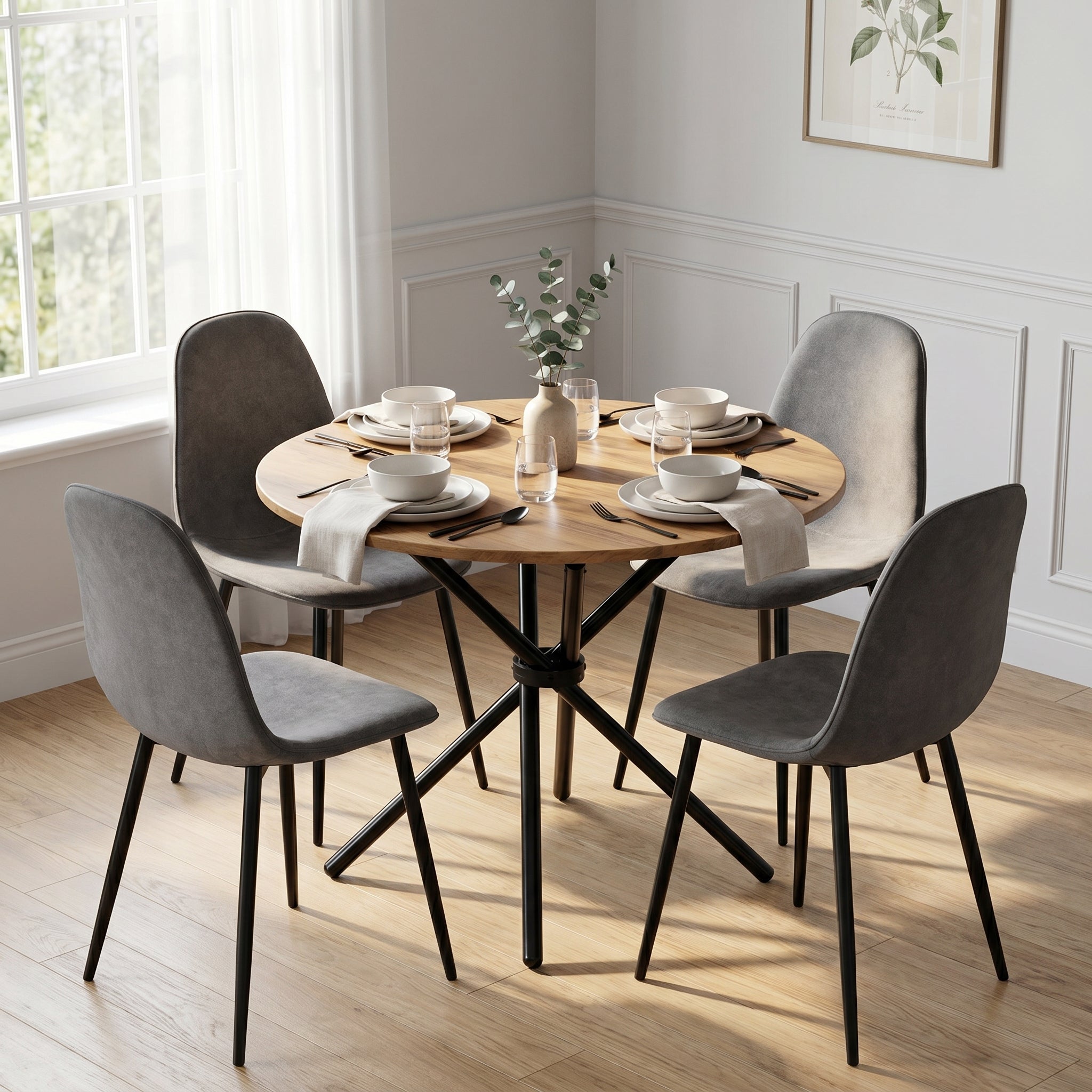 Homy Casa FONTANA+CHARLTON 5PC Dining Set 31.5” Round Dark Walnut Table with 4 Charlton Grey Terry Fabric Chairs