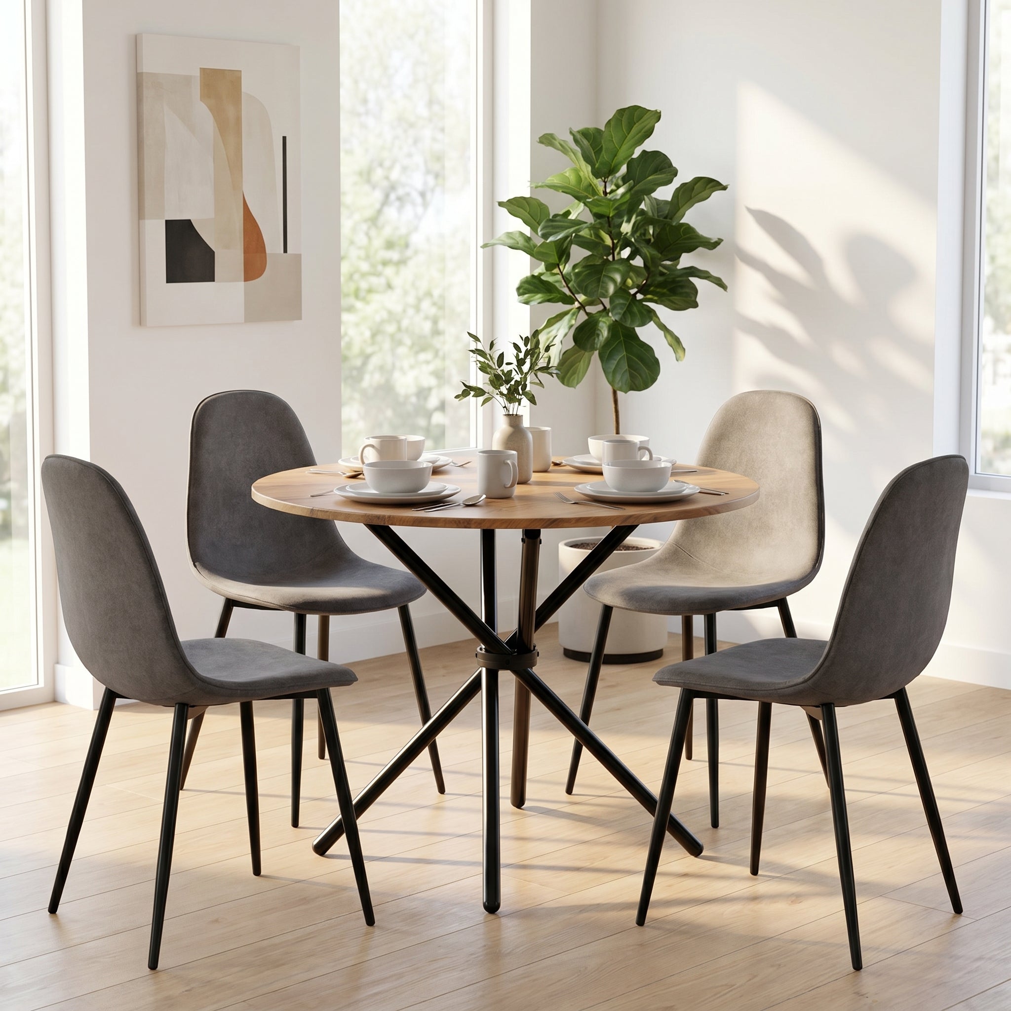 Homy Casa FONTANA+CHARLTON 5PC Dining Set 31.5” Round Dark Walnut Table with 4 Charlton Grey Terry Fabric Chairs