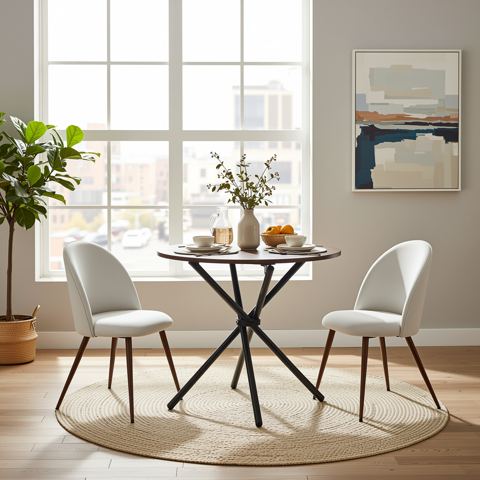 Homy Casa FONTANA+HAVEN 3PC Dining Set 31.5” Round Table with 2 Haven Beige Fabric Chairs Walnut Finish