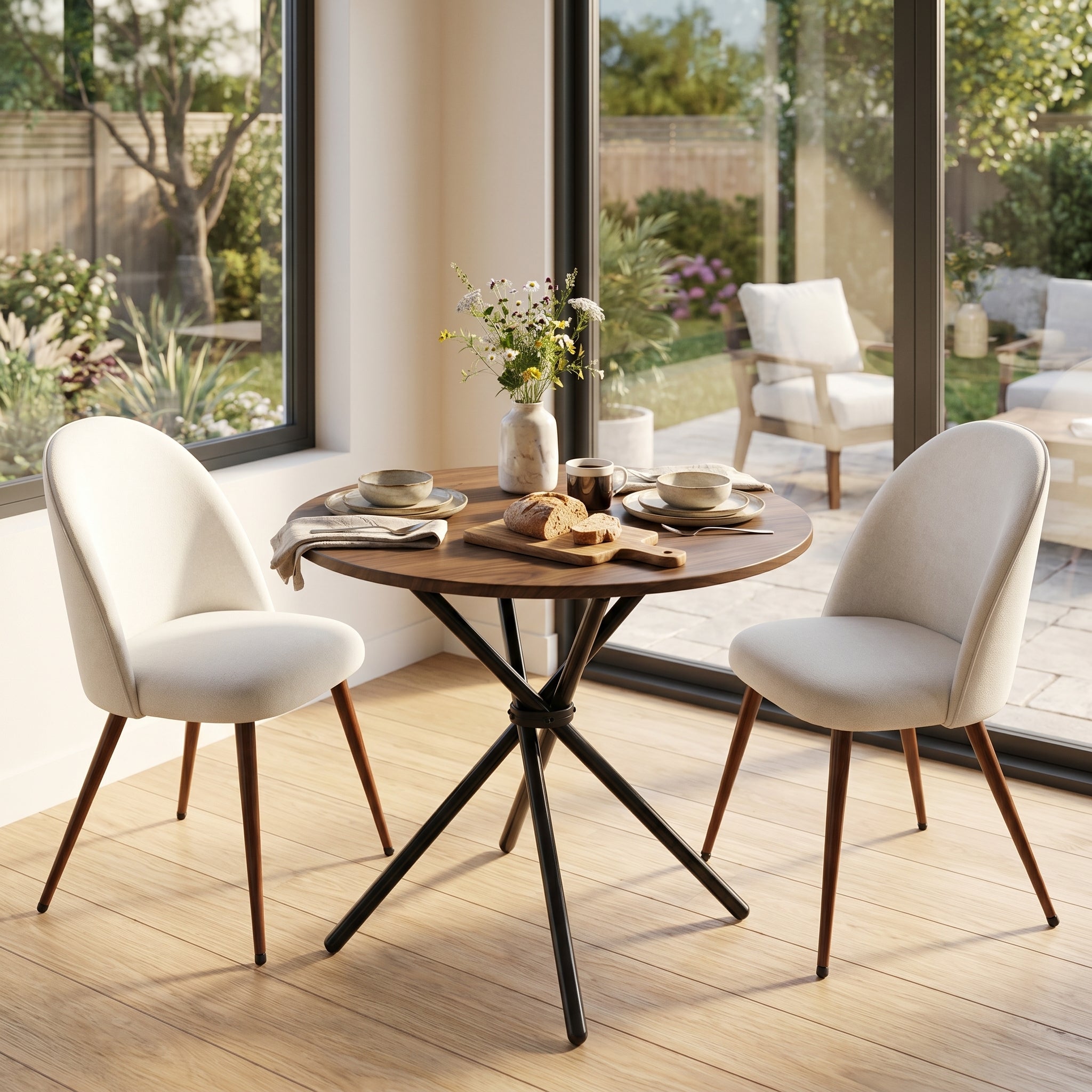 Homy Casa FONTANA+HAVEN 3PC Dining Set 31.5” Round Table with 2 Haven Beige Fabric Chairs Walnut Finish