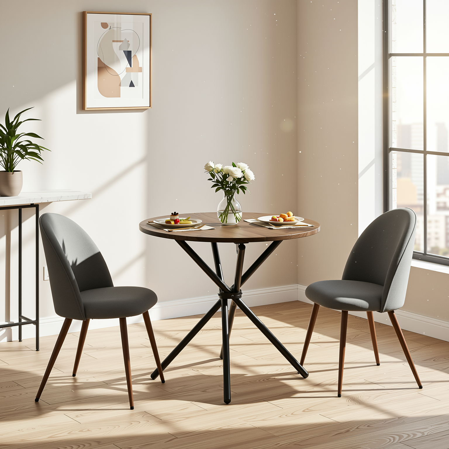 Homy Casa FONTANA+HAVEN 3PC Dining Set 31.5” Round Table with 2 Haven Grey Fabric Chairs Walnut Finish