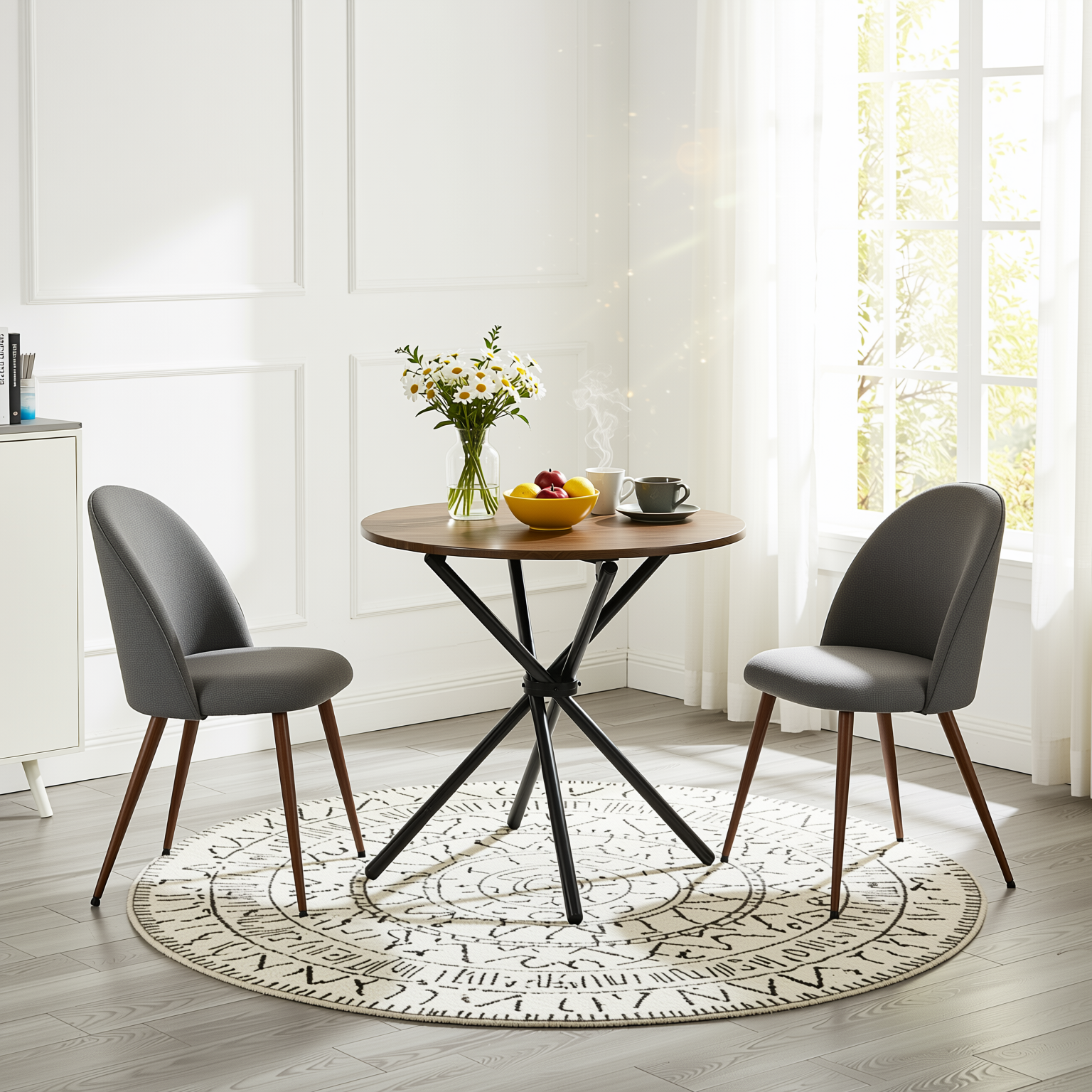 Homy Casa FONTANA+HAVEN 3PC Dining Set 31.5” Round Table with 2 Haven Grey Fabric Chairs Walnut Finish