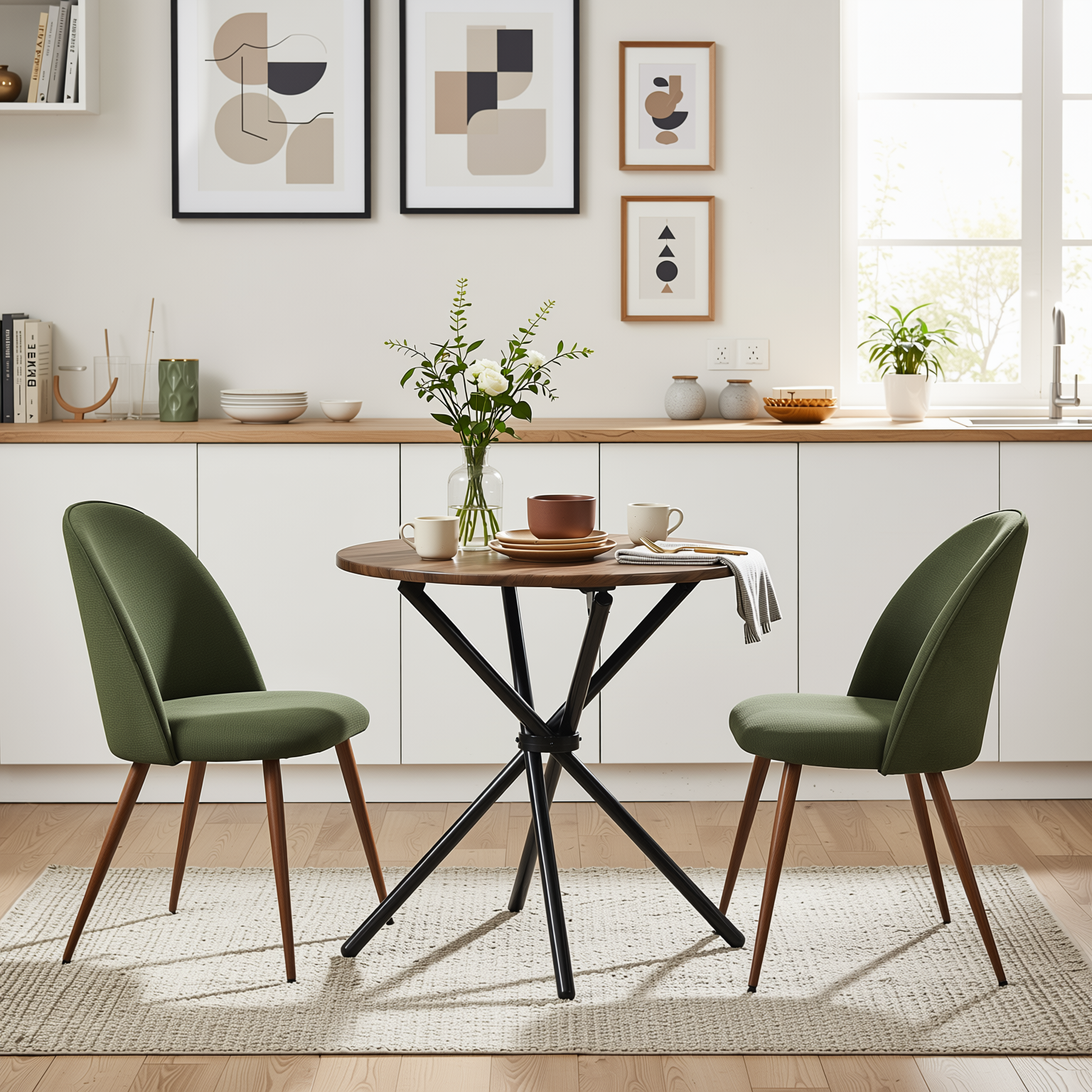 Homy Casa FONTANA+HAVEN 3PC Dining Set 31.5” Round Table with 2 Haven Verita Green Upholstered Chairs