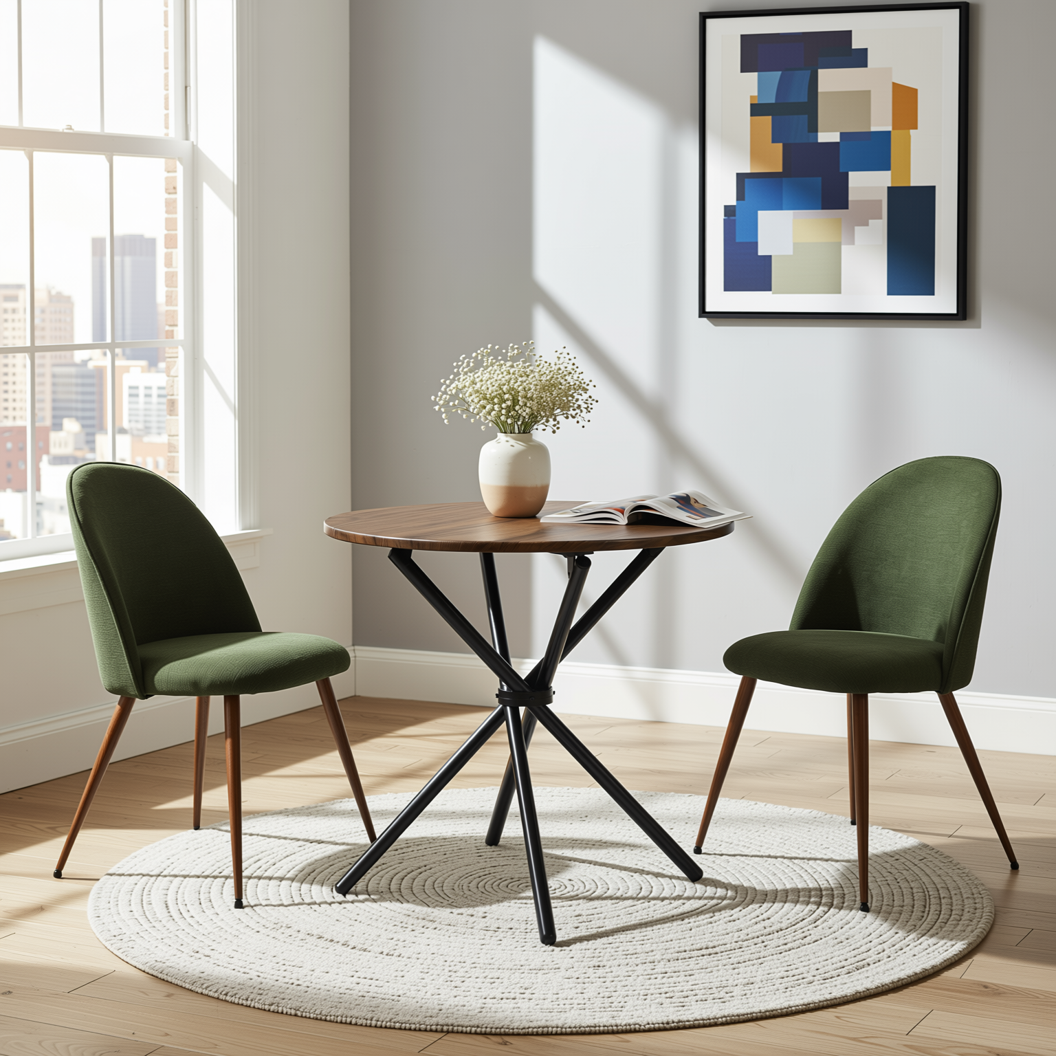 Homy Casa FONTANA+HAVEN 3PC Dining Set 31.5” Round Walnut Table with 2 Haven Verita Green Upholstered Chairs