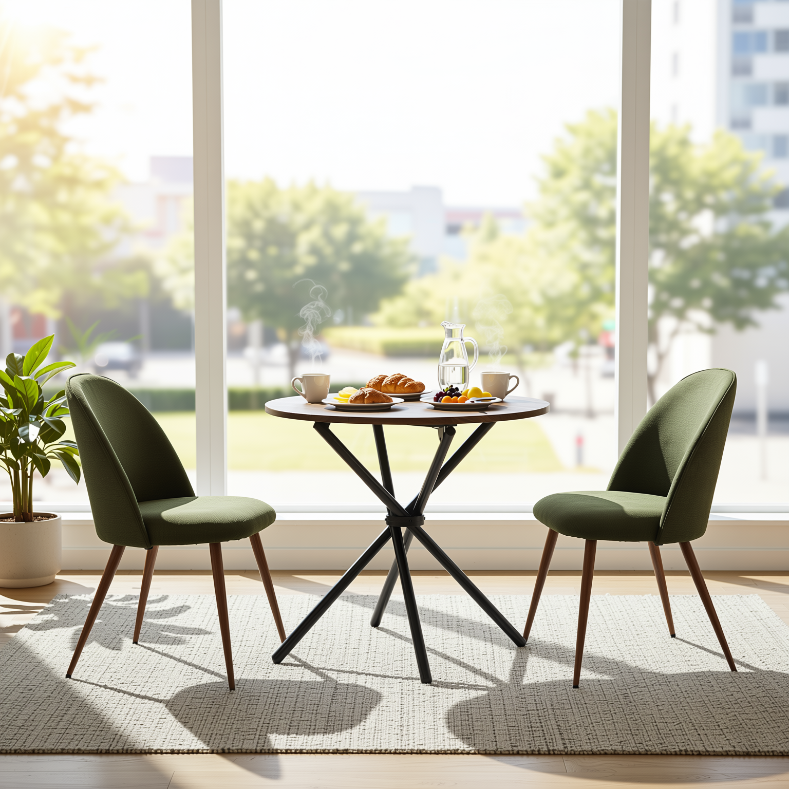 Homy Casa FONTANA+HAVEN 3PC Dining Set 31.5” Round Walnut Table with 2 Haven Verita Green Upholstered Chairs