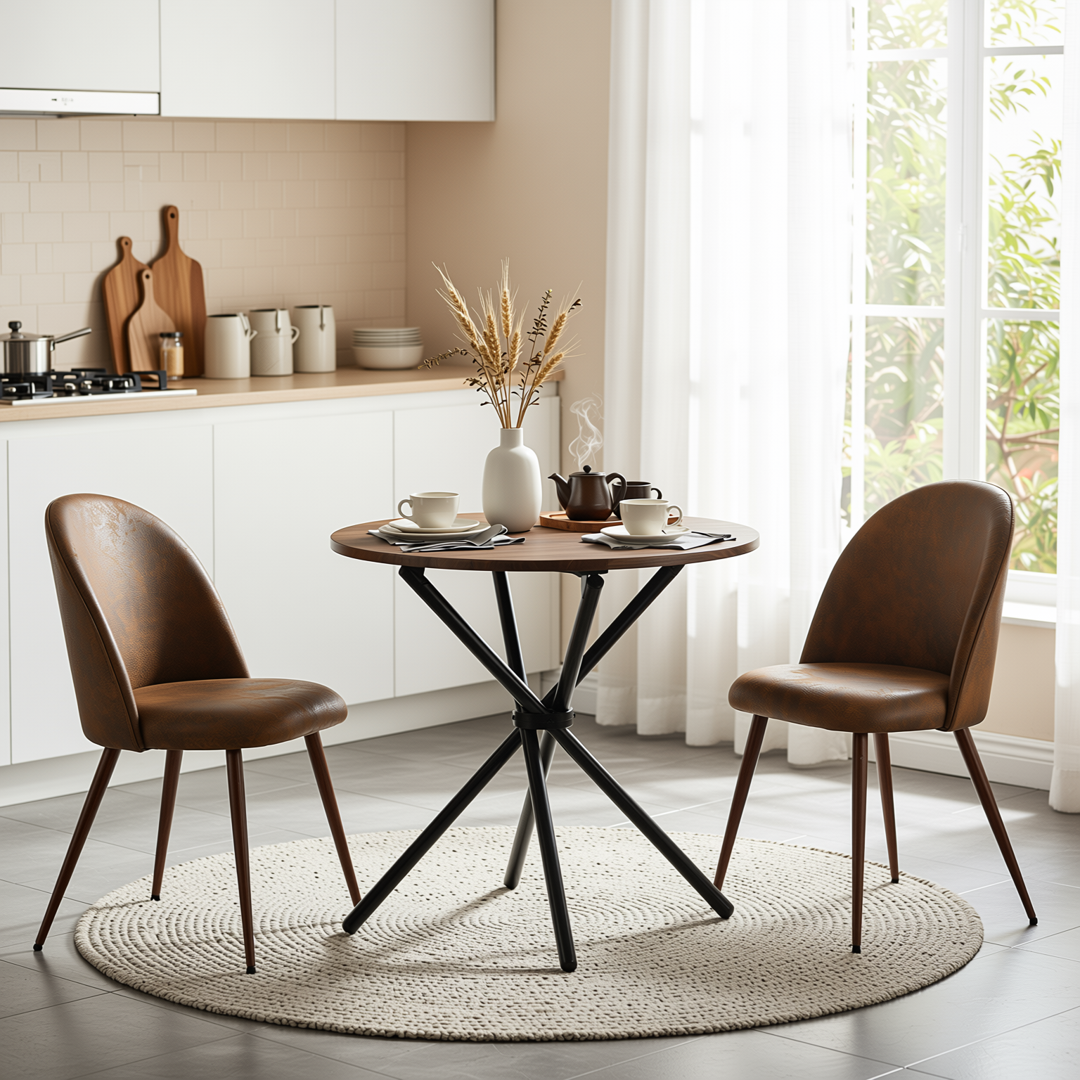 Homy Casa FONTANA+HAVEN 3PC Dining Set 31.5” Round Table with 2 Haven Suede Brown Upholstered Chairs Walnut Finish