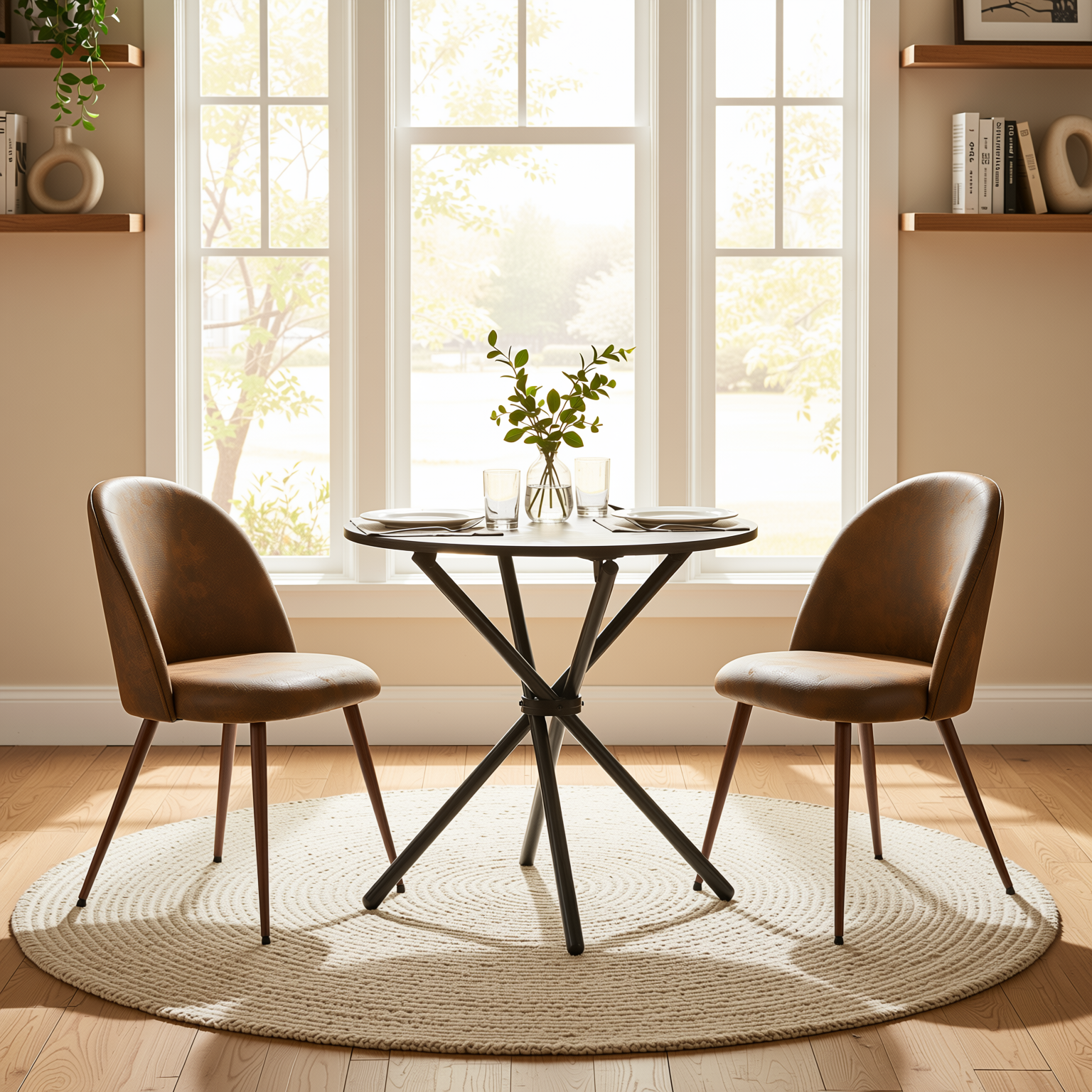 Homy Casa FONTANA+HAVEN 3PC Dining Set 31.5” Round Table with 2 Haven Suede Brown Upholstered Chairs Walnut Finish
