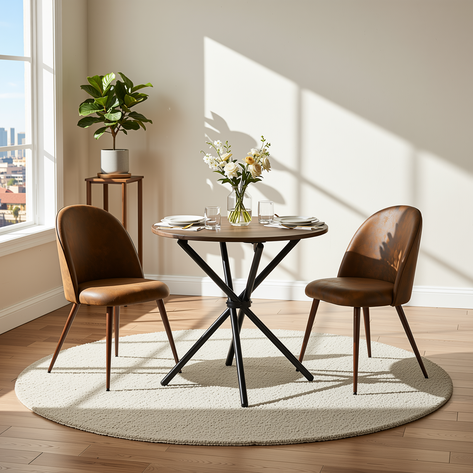Homy Casa FONTANA+HAVEN 3PC Dining Set 31.5” Round Table with 2 Haven Suede Brown Upholstered Chairs Walnut Finish