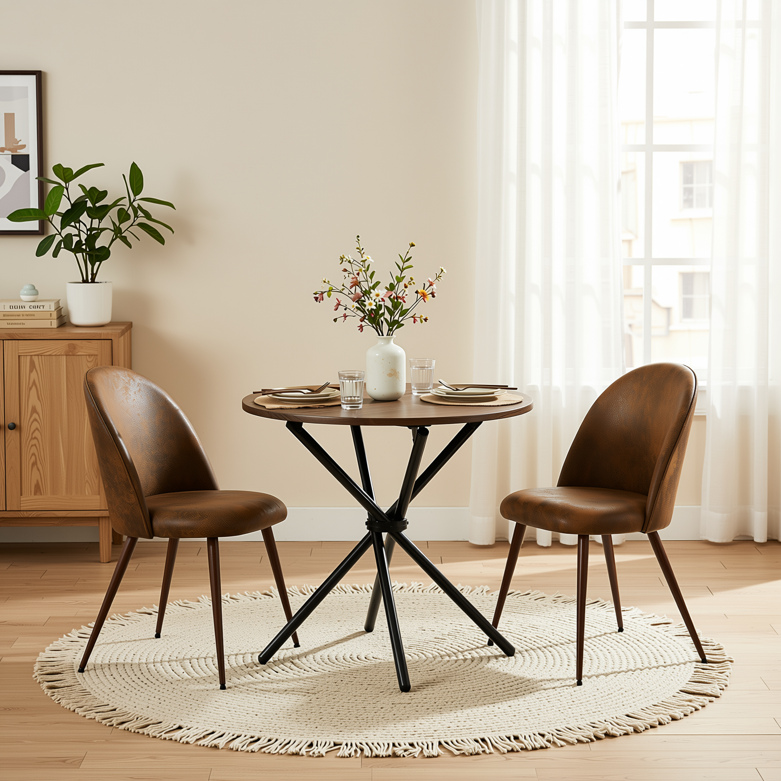 Homy Casa FONTANA+HAVEN 3PC Dining Set 31.5” Round Table with 2 Haven Suede Brown Upholstered Chairs Walnut Finish