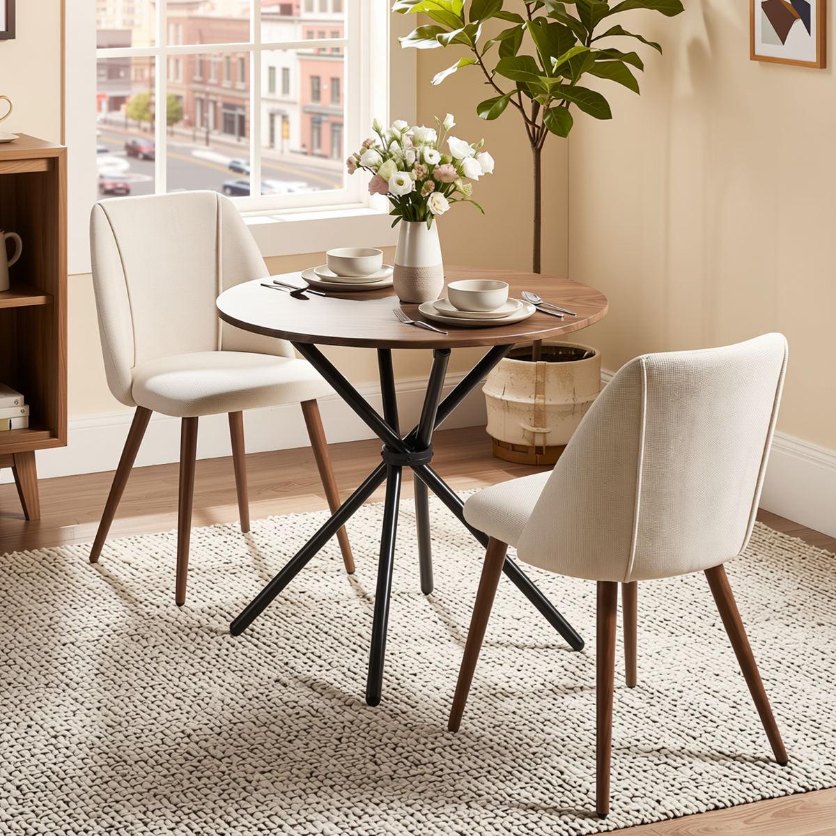 Homy Casa FONTANA+KALI 3PC Dining Set 31.5” Round Dark Walnut Table with 2 Kali Beige Fabric Chairs