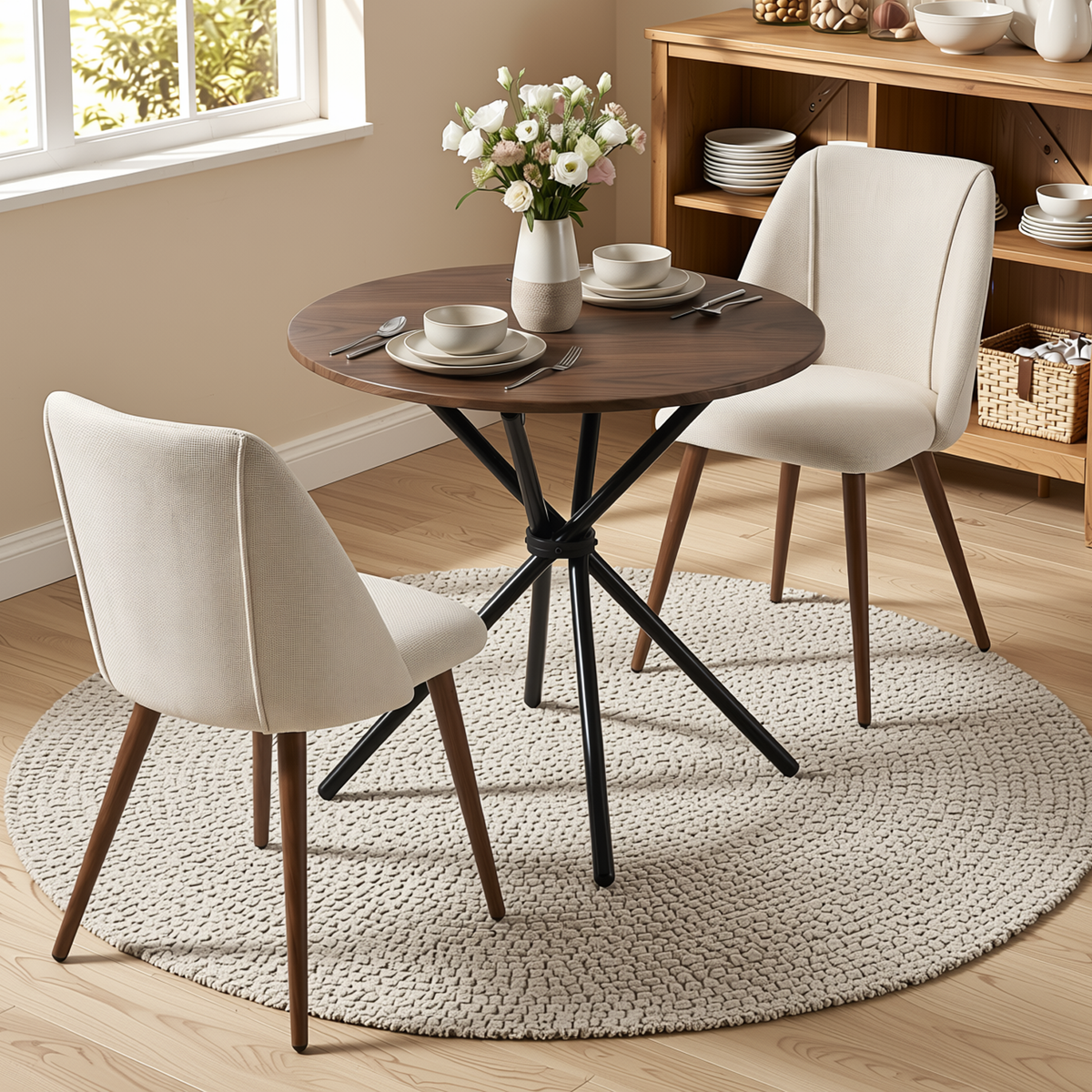 Homy Casa FONTANA+KALI 3PC Dining Set 31.5” Round Dark Walnut Table with 2 Kali Beige Fabric Chairs