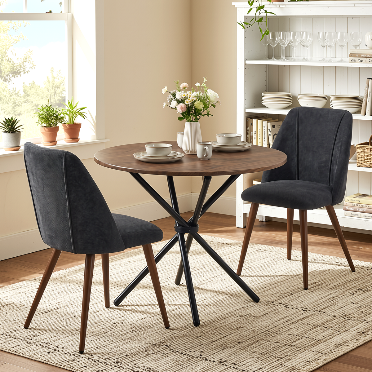 Homy Casa FONTANA+KALI 3PC Dining Set 31.5” Round Dark Walnut Table with 2 KALI Charcoal Upholstered Chairs
