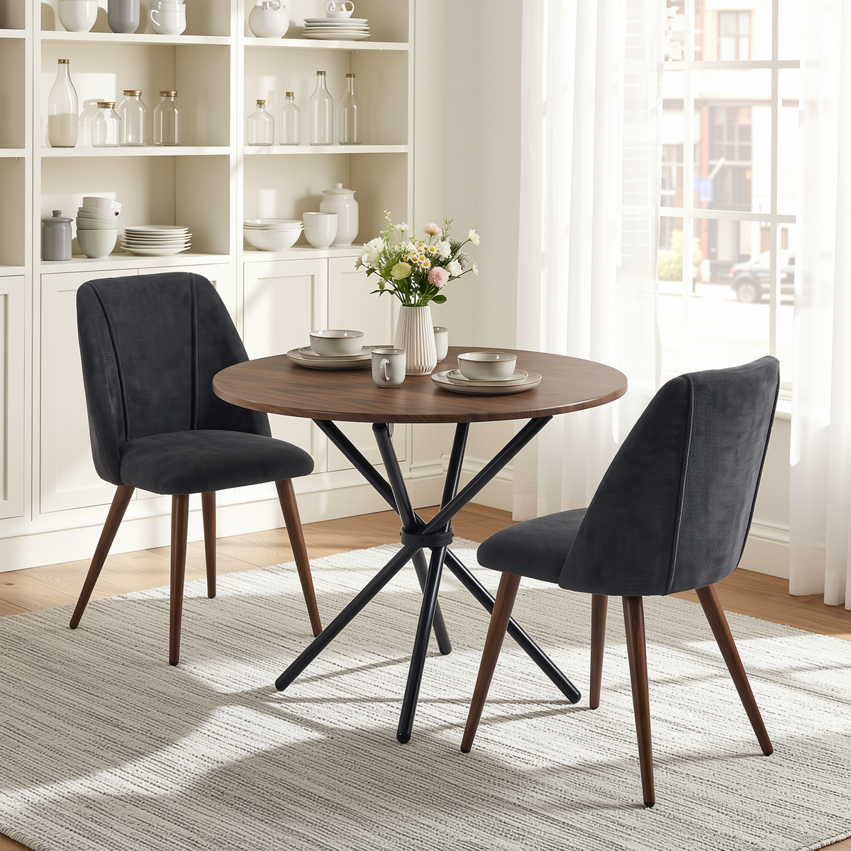 Homy Casa FONTANA+KALI 3PC Dining Set 31.5” Round Dark Walnut Table with 2 KALI Charcoal Upholstered Chairs