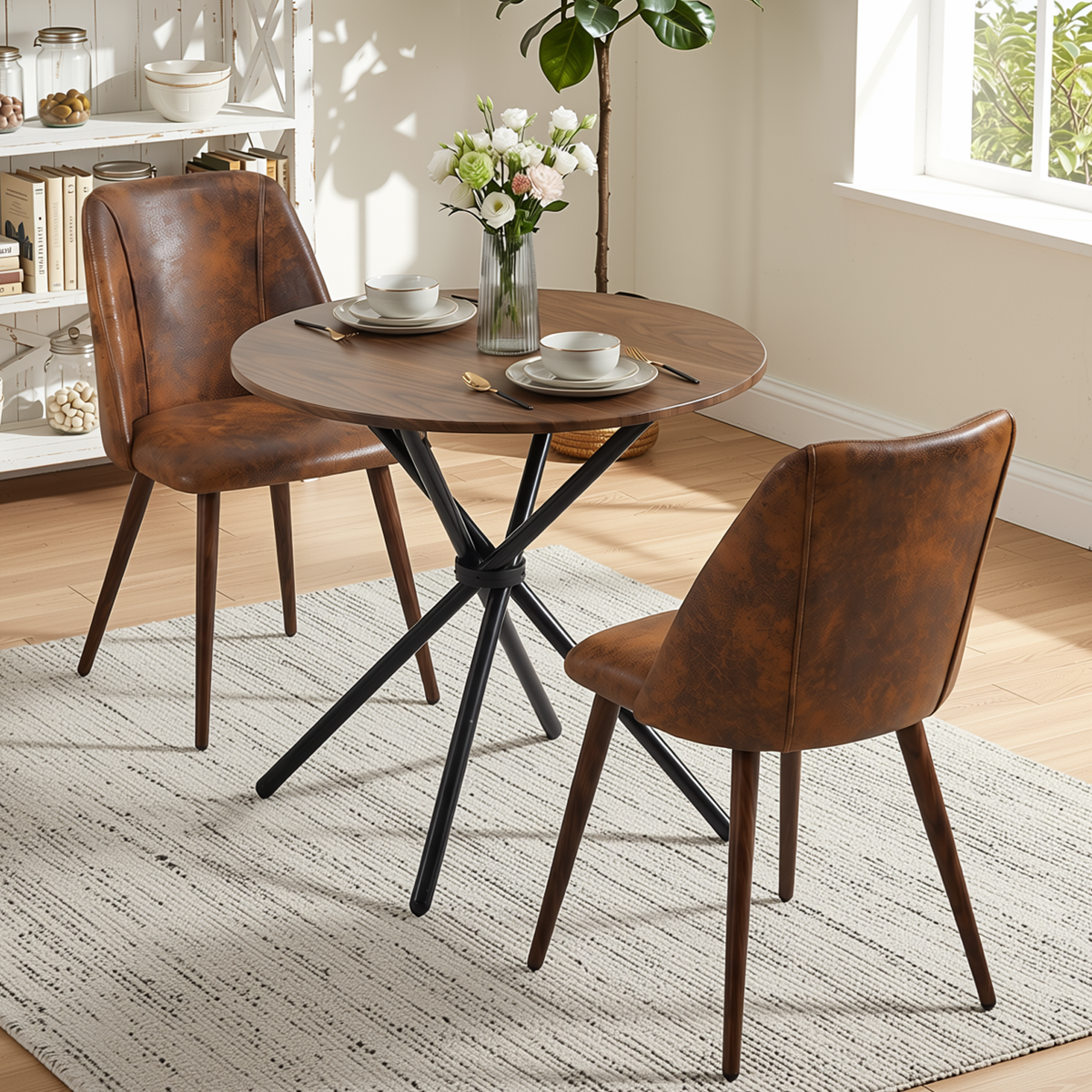 Homy Casa FONTANA+KALI 3PC Dining Set 31.5” Round Table with 2 Kali Suede Brown Chairs in Dark Walnut Finish