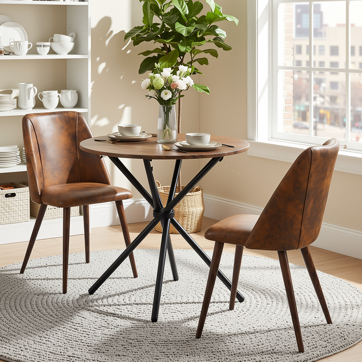 Homy Casa FONTANA+KALI 3PC Dining Set 31.5” Round Table with 2 Kali Suede Brown Chairs in Dark Walnut Finish