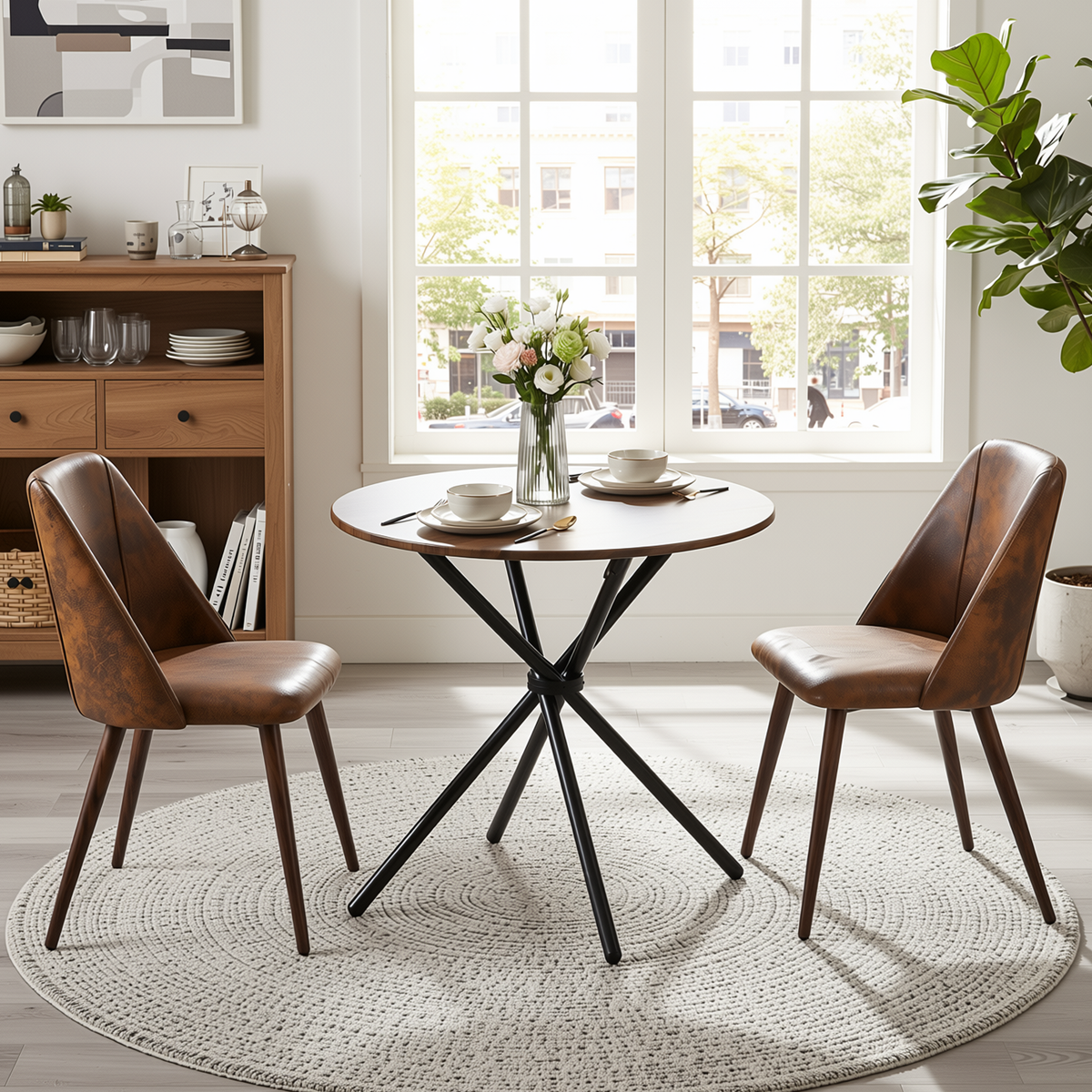 Homy Casa FONTANA+KALI 3PC Dining Set 31.5” Round Table with 2 Kali Suede Brown Chairs in Dark Walnut Finish
