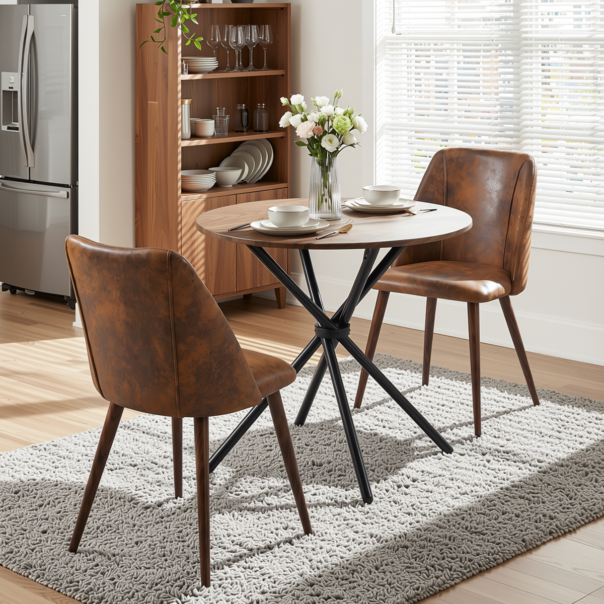 Homy Casa FONTANA+KALI 3PC Dining Set 31.5” Round Table with 2 Kali Suede Brown Chairs in Dark Walnut Finish
