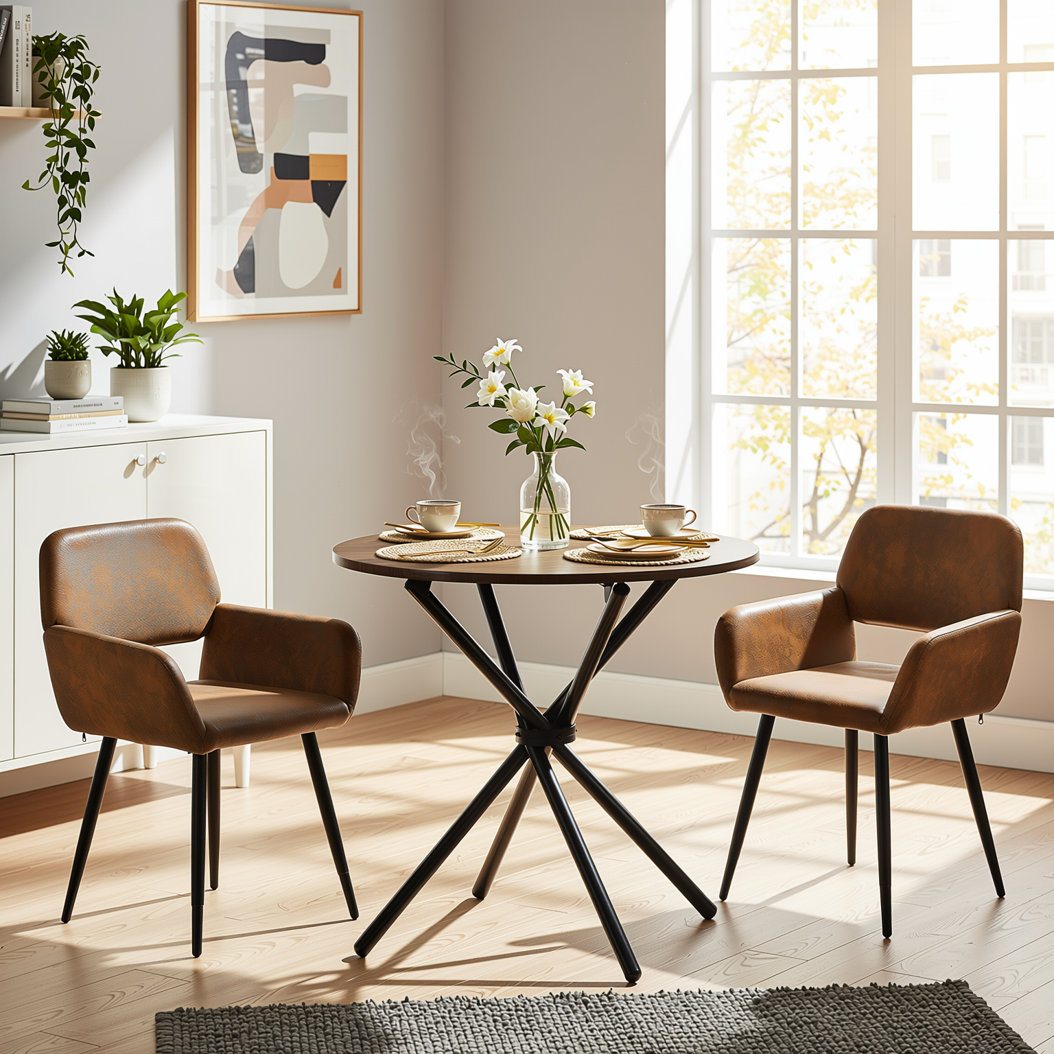 Homy Casa FONTANA+MAYFAIR 3PC Dining Set 31.5” Round Dark Walnut Table with 2 Mayfair Suede Brown Upholstered Chairs