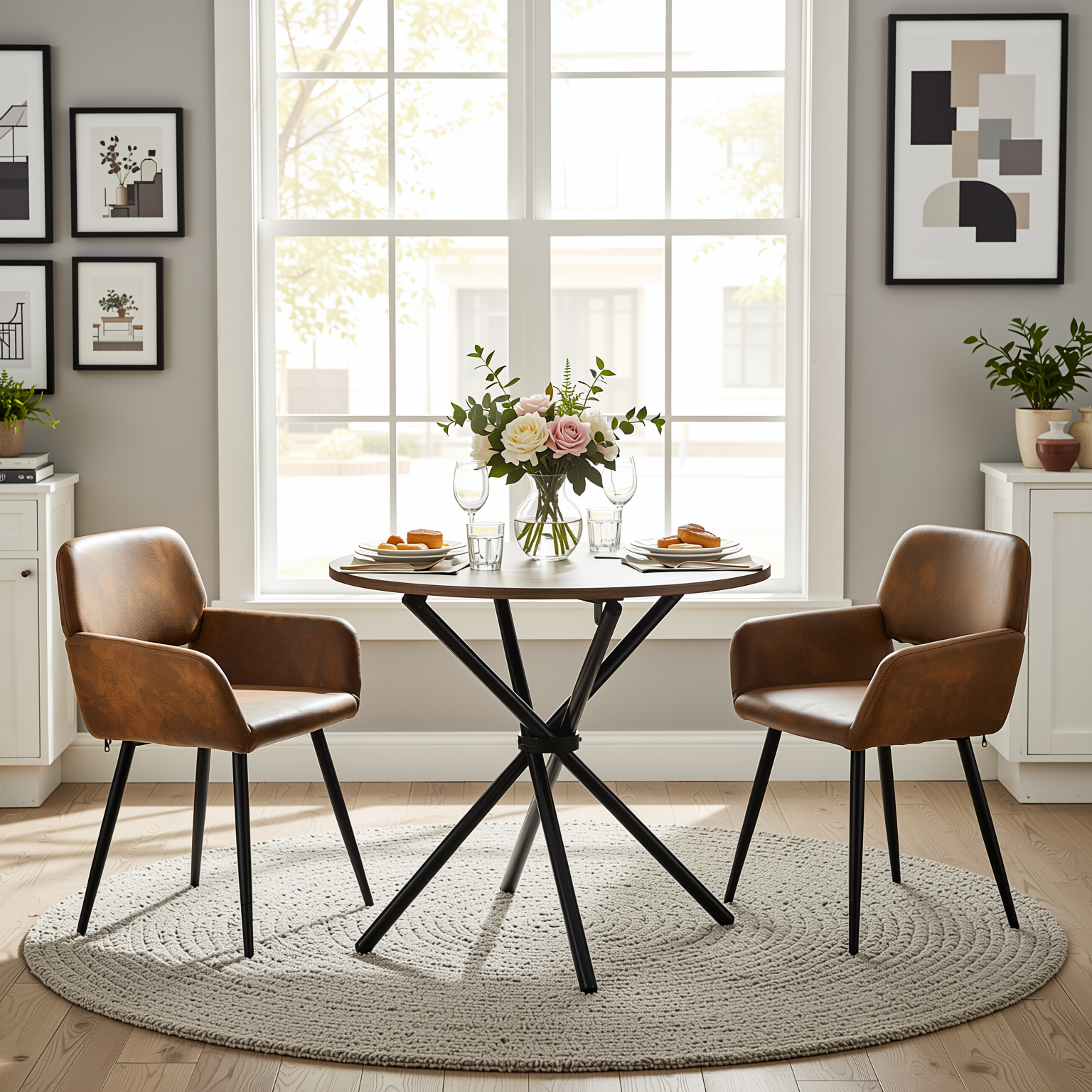 Homy Casa FONTANA+MAYFAIR 3PC Dining Set 31.5” Round Dark Walnut Table with 2 Mayfair Suede Brown Upholstered Chairs