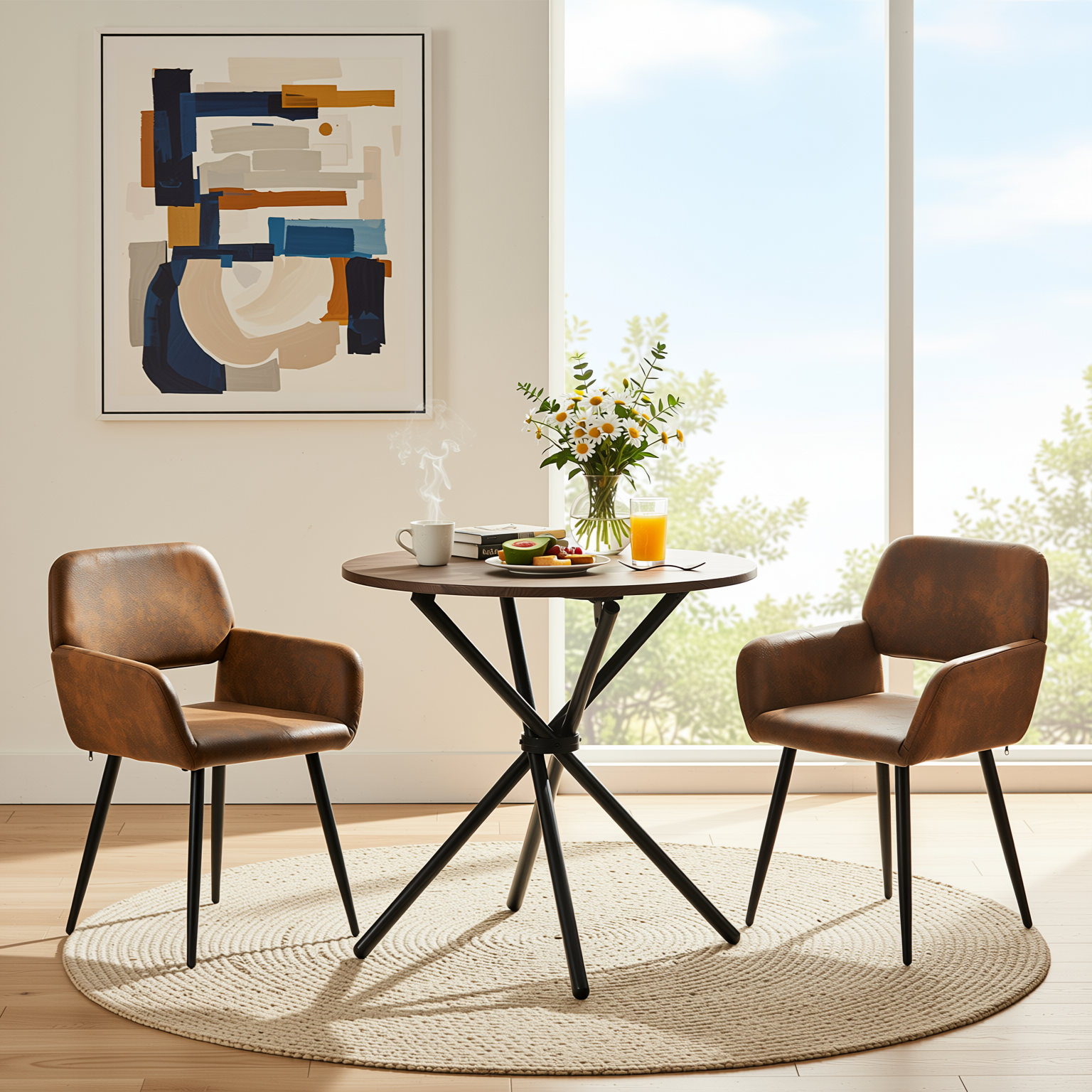 Homy Casa FONTANA+MAYFAIR 3PC Dining Set 31.5” Round Dark Walnut Table with 2 Mayfair Suede Brown Upholstered Chairs