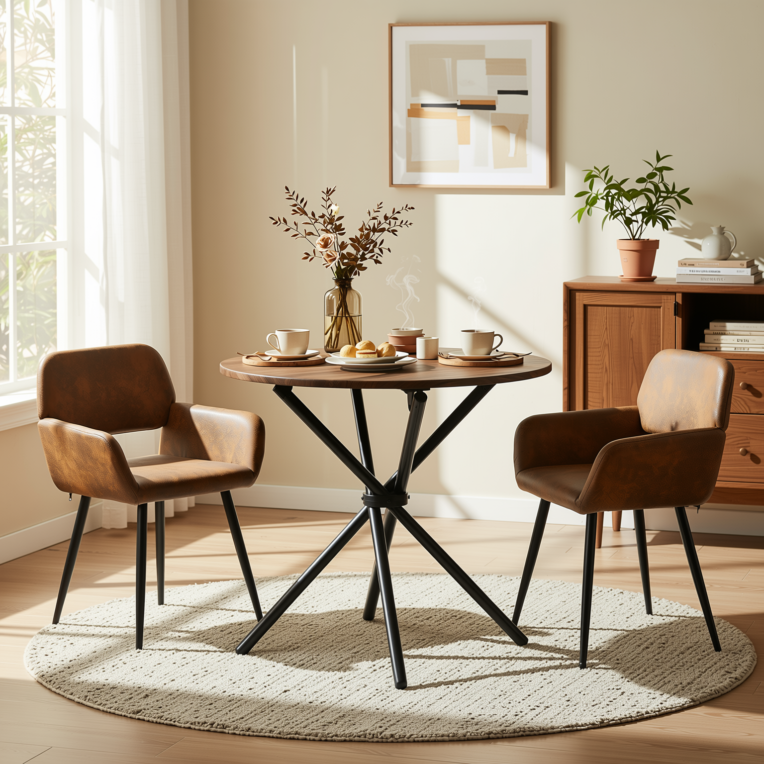 Homy Casa FONTANA+MAYFAIR 3PC Dining Set 31.5” Round Dark Walnut Table with 2 Mayfair Suede Brown Upholstered Chairs