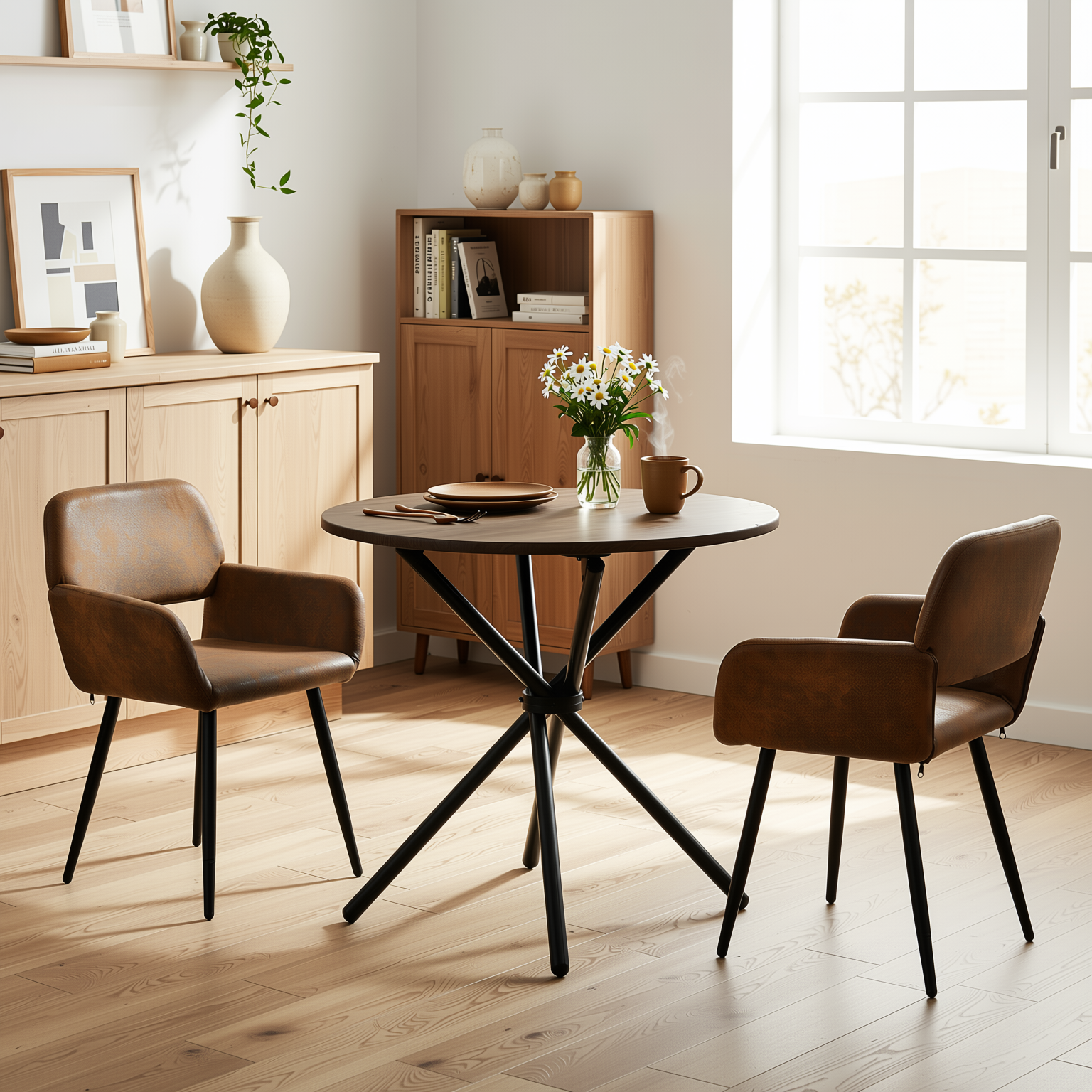 Homy Casa FONTANA+MAYFAIR 3PC Dining Set 31.5” Round Dark Walnut Table with 2 Mayfair Suede Brown Upholstered Chairs