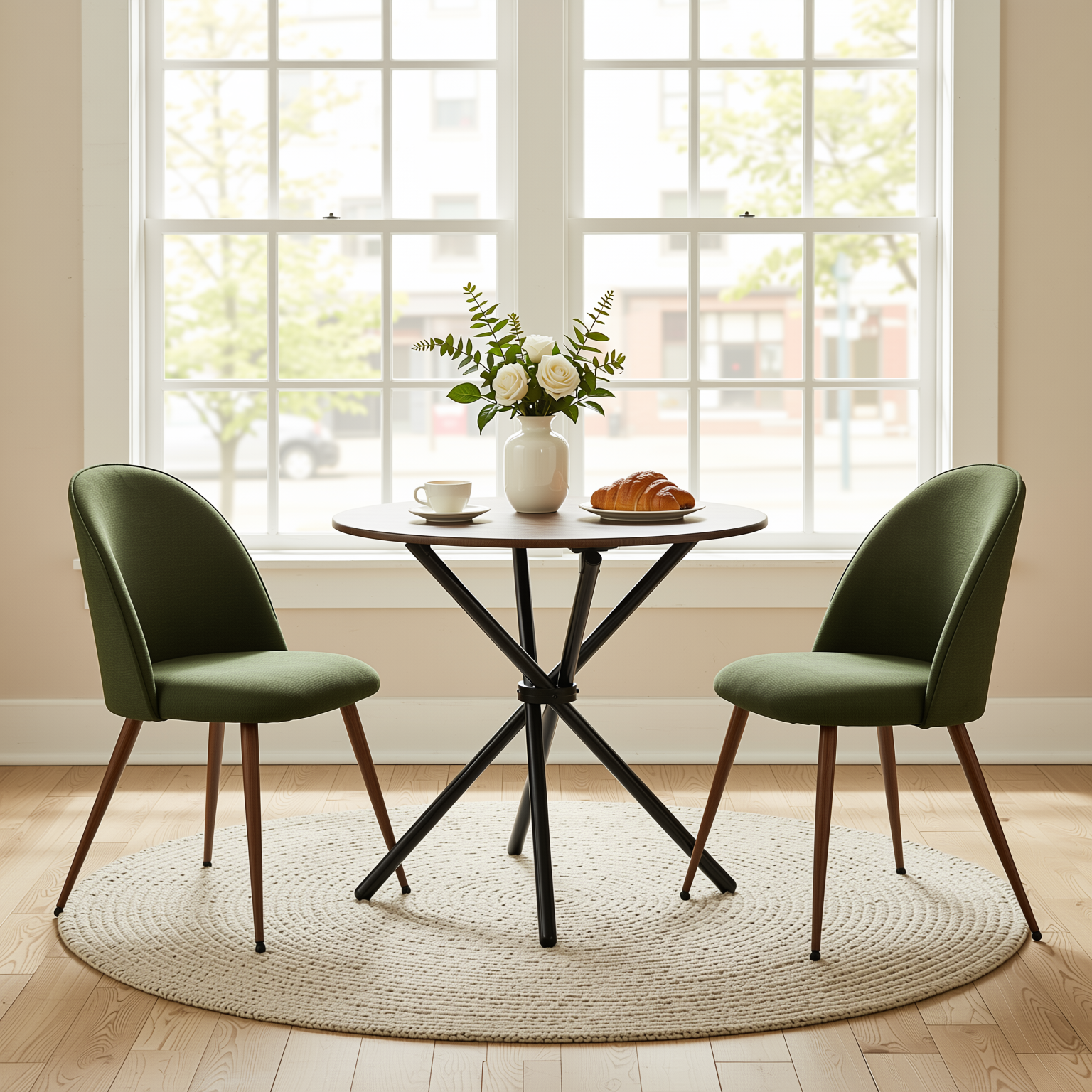 Homy Casa FONTANA+HAVEN 3PC Dining Set 31.5” Round Espresso Table with 2 Haven Verita Green Upholstered Chairs