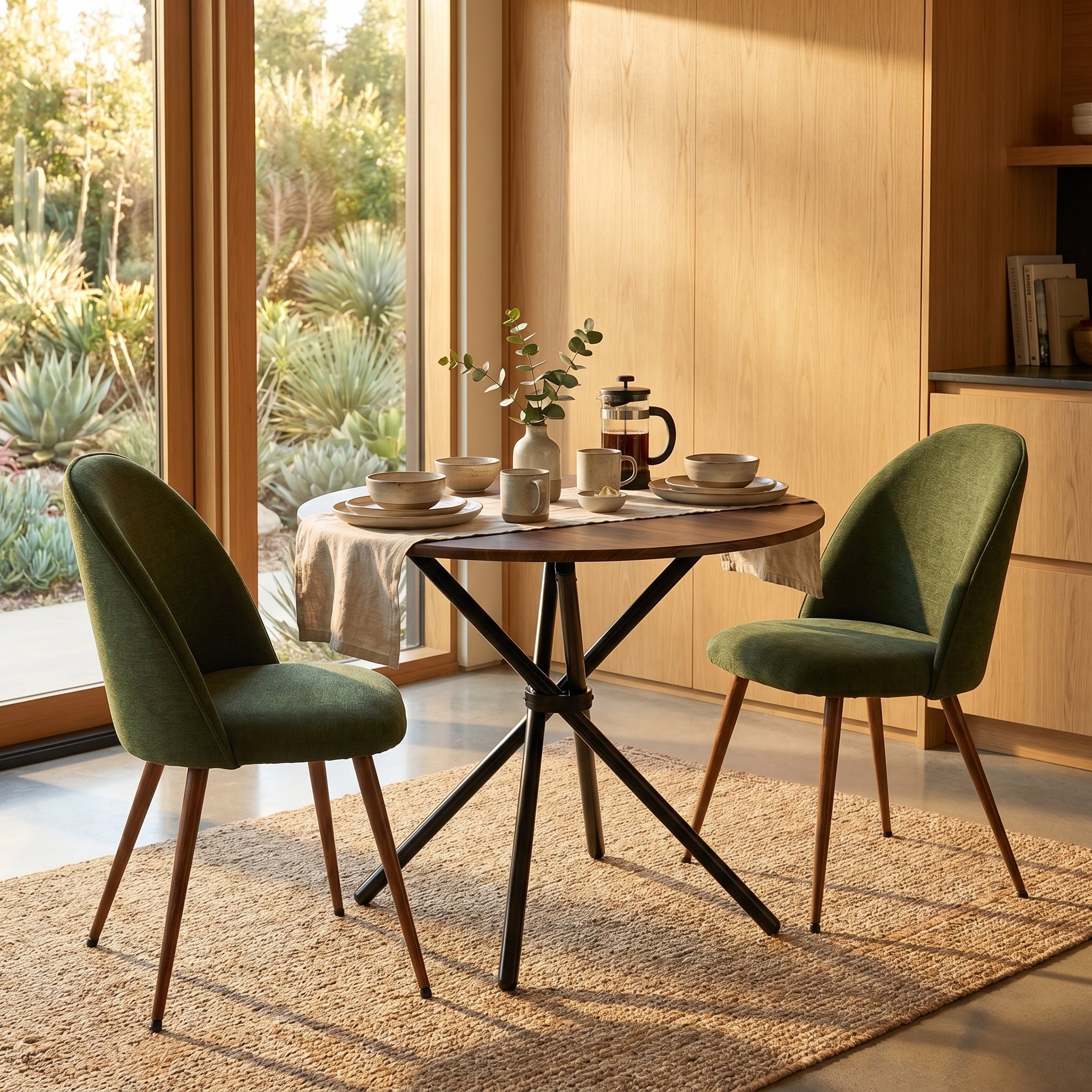 Homy Casa FONTANA+HAVEN 3PC Dining Set 31.5” Round Espresso Table with 2 Haven Verita Green Upholstered Chairs