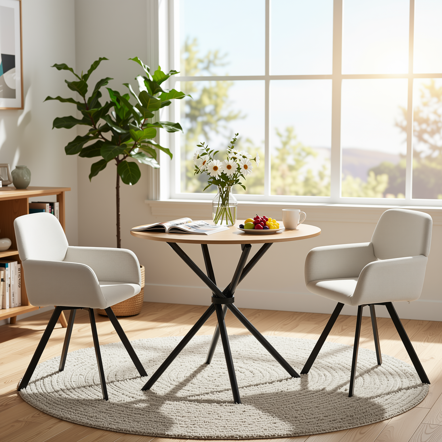Homy Casa FONTANA+CALIFORNIA 3PC Dining Set 31.5” Round Natural Table with 2 California Beige Swivel Chairs