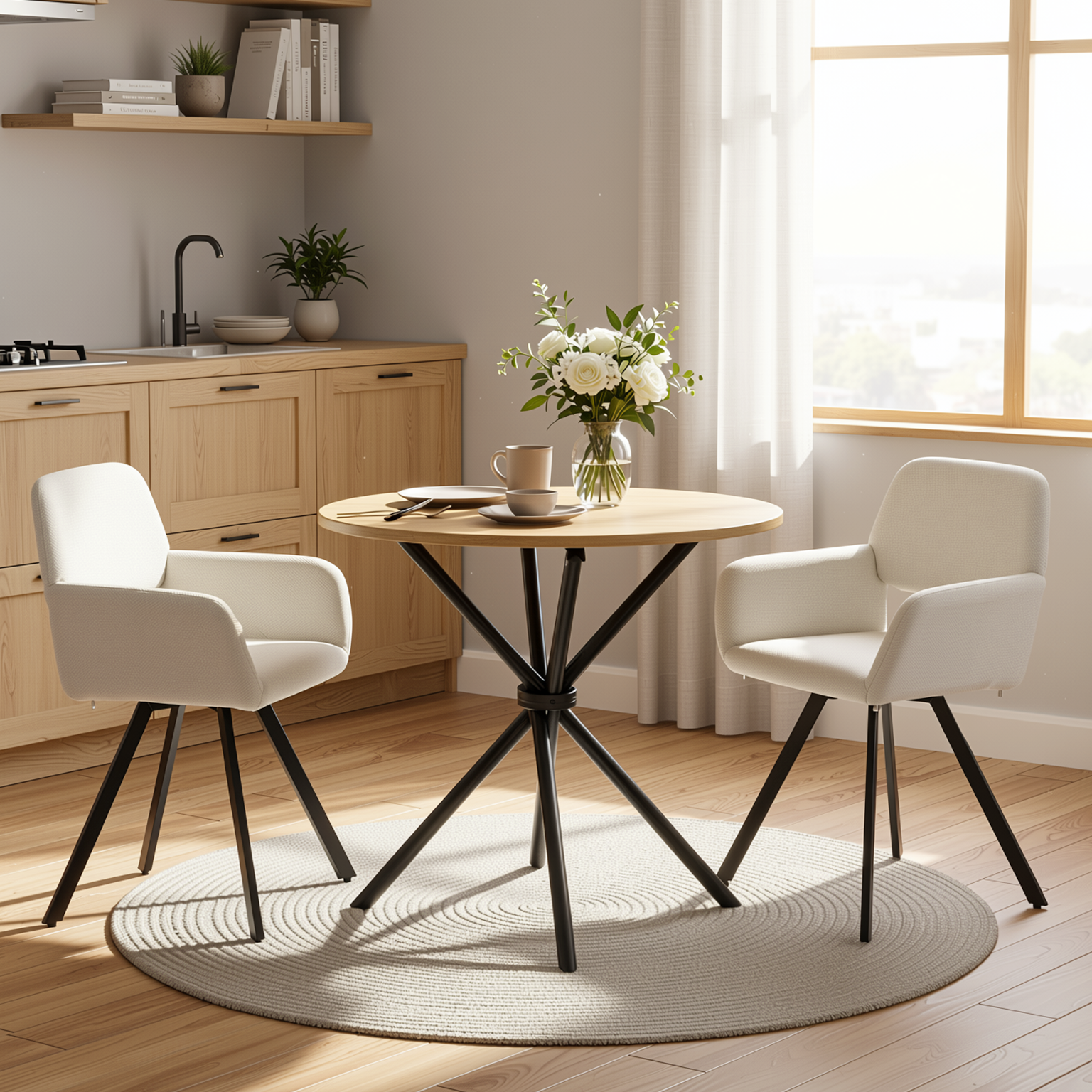 Homy Casa FONTANA+CALIFORNIA 3PC Dining Set 31.5” Round Natural Table with 2 California Beige Swivel Chairs