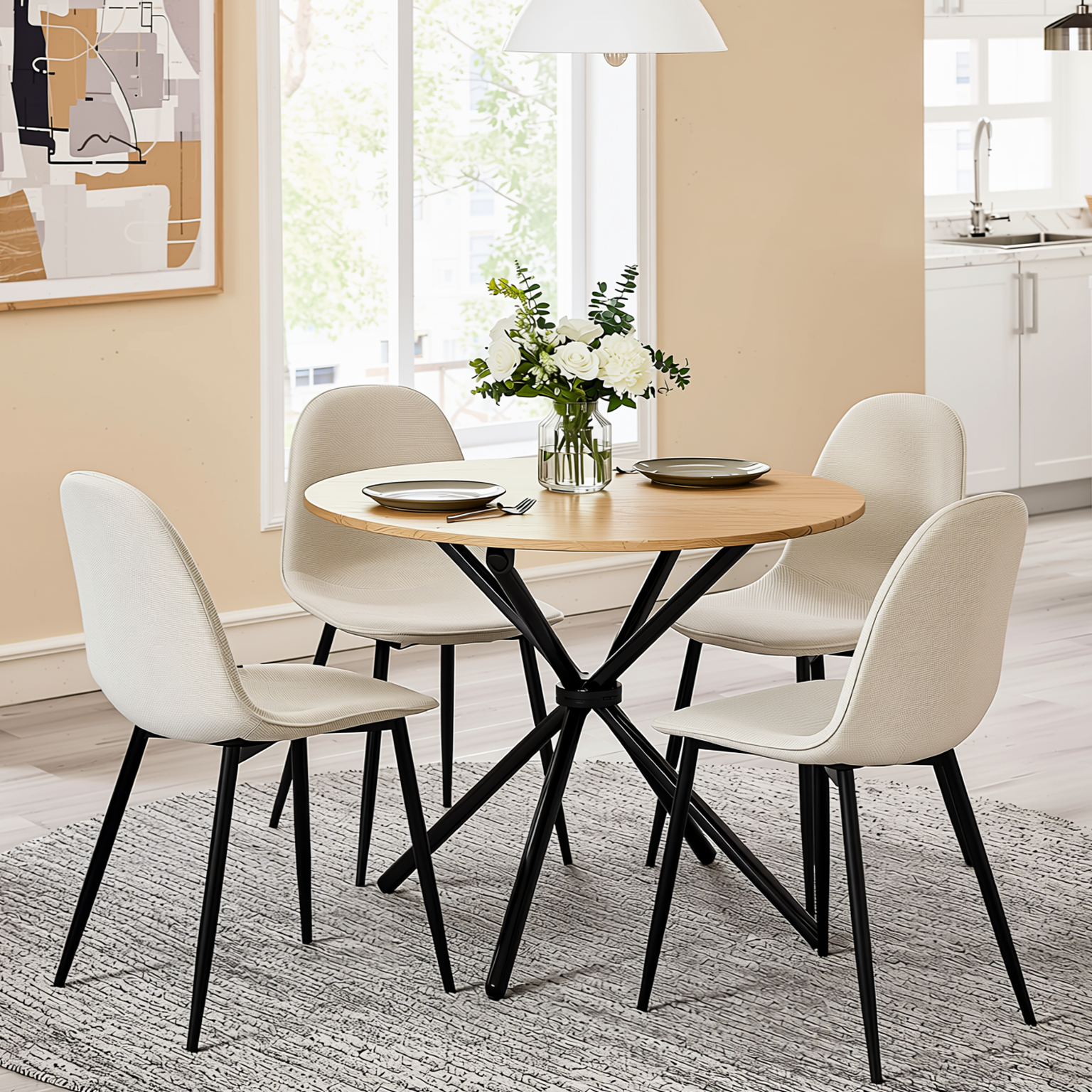 Homy Casa FONTANA+CHARLTON 5PC Dining Set 31.5” Natural Round Table with 4 Charlton Barrel Beige Fabric Chairs