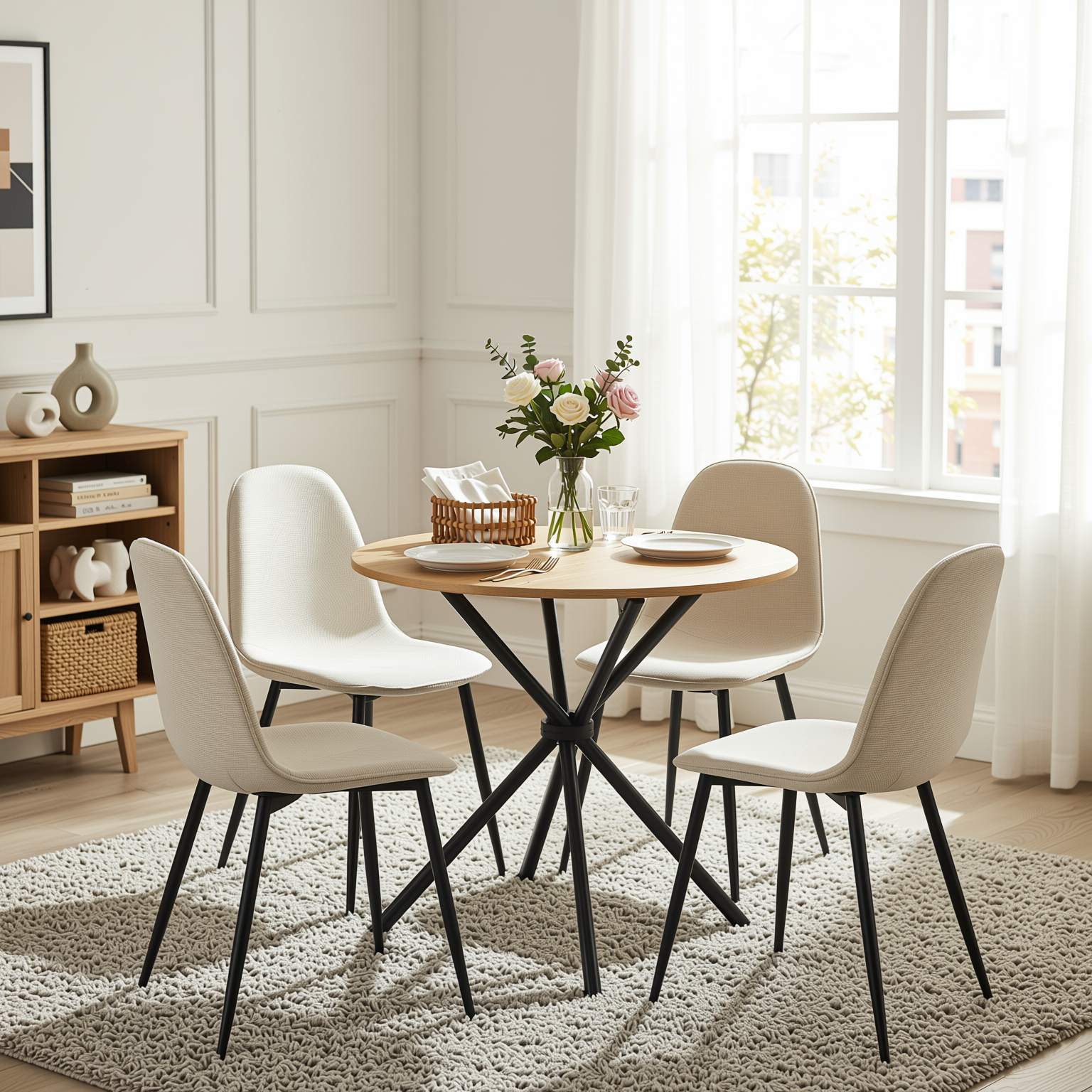 Homy Casa FONTANA+CHARLTON 5PC Dining Set 31.5” Natural Round Table with 4 Charlton Barrel Beige Fabric Chairs